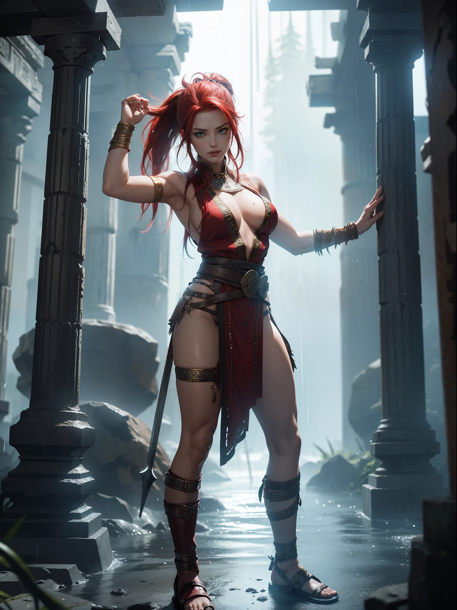 ((God of War Ragnarok Style, God of War Ragnarok Universe, Full body photo, standing, down to earth)), (Gaiana a Spartan warrior, large breasts, black/brown leather and gold details/Spartan warrior costume, tight costume on the body, extremely exhibitionist, extremely pale whitish skin, tattoos all over her body and face), ((she is in an ancient macabre Greek temple at night raining hard)), she has ((mohawk-style red hair, blue eyes, looking directly at the viewer)), closed fists, water-soaked hair/body/clothing, fighting position, sword at waist, God of War Ragnarok, crazy smile, anime, 16k, award winning, high details, high quality, textured skin, anatomically correct, masterpiece, UHD, ccurate