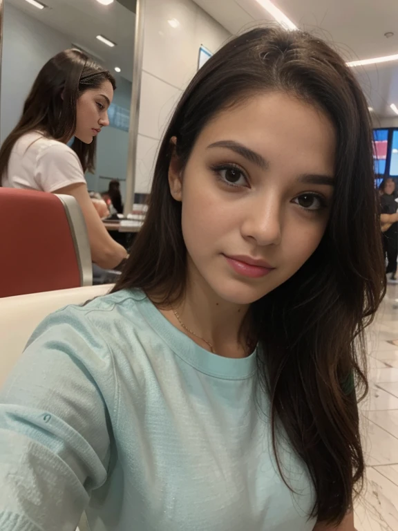 Foto de uma mulher morena de 20 anos, que tem um rosto muito natural,  labios finos, olhos finos, sobrancelhas finas, nariz fino, brincos, long eyelashes. Ela faz uma selfie fofa em shopping  em Roma no cinema,  andando e olhando para o espectador de corpo inteiro ,  com roupas vermelha 