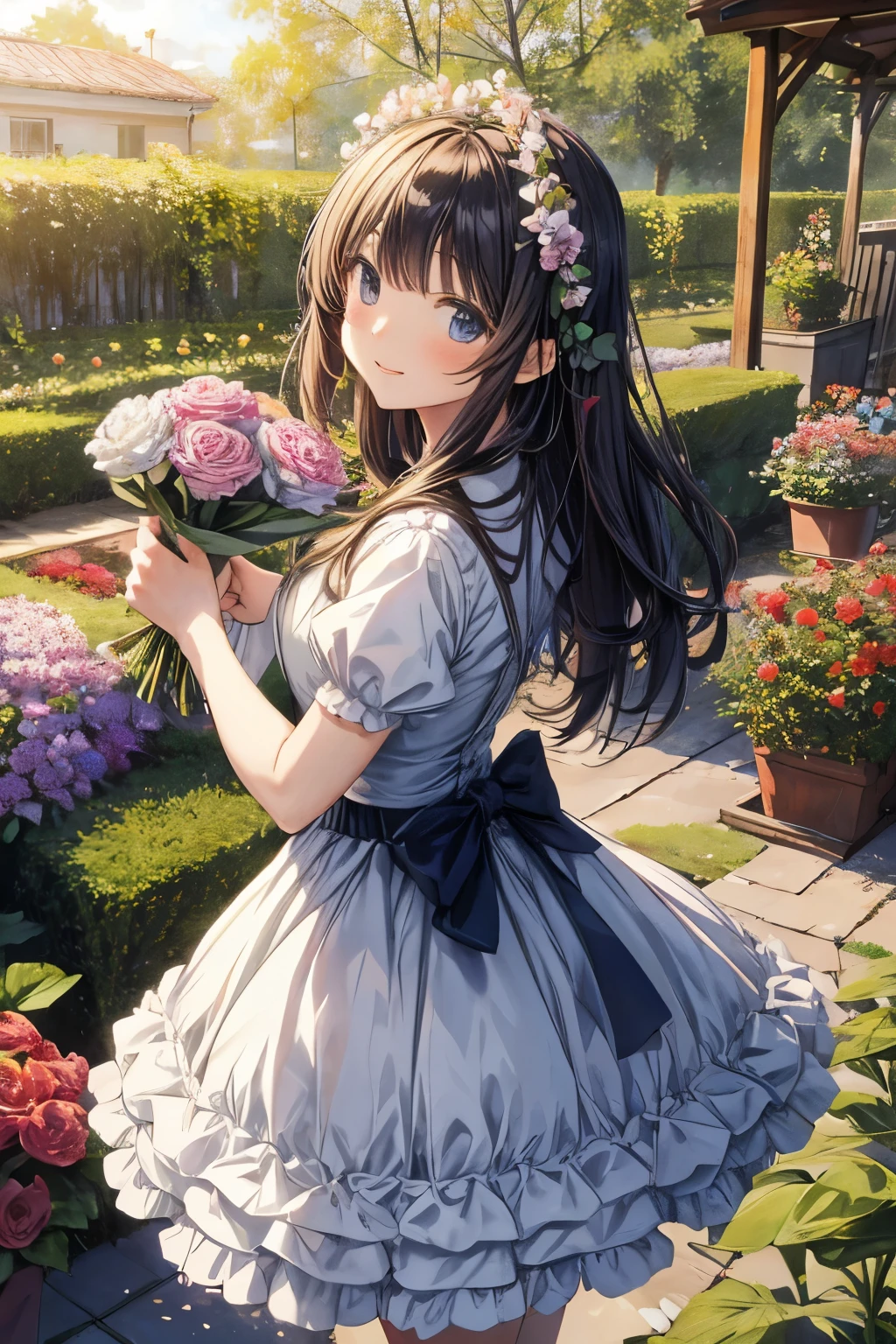 anime girl holding flowers, celebration, garden full of flowers, anime girl twirling, masterpiece, best quality, high quality
