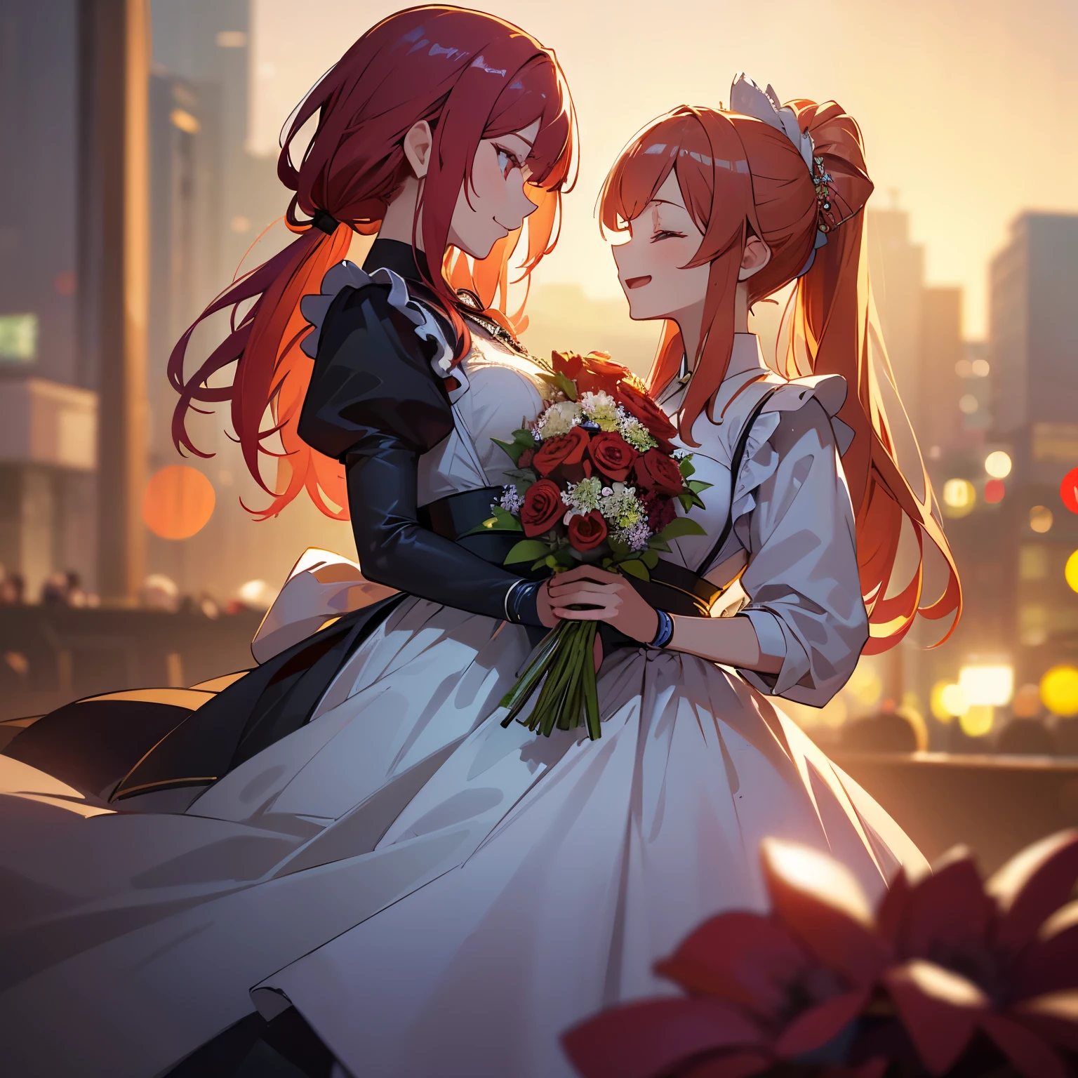 (Best Quality, High Definition, masutepiece:1.2,), Illustration, Night, 2girls, Full body, (wedding dress), arm behind back, Waiting for a kiss, Looking at Viewer, Happy, blush,lesbian、Girls to girls、huge-breasted、bbw