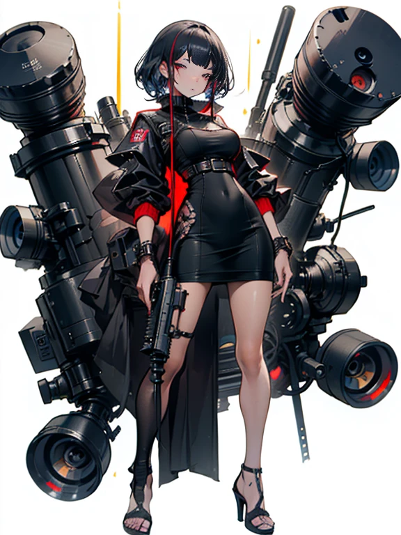 A masterpiece full body image of a woman wearing high heels sandals with a short black dress posing for a picture with her Sniper Rifle (a Barrett .50cal). She is on top of an old Russian building. Cinematic lights, high detail, 4k image quality
