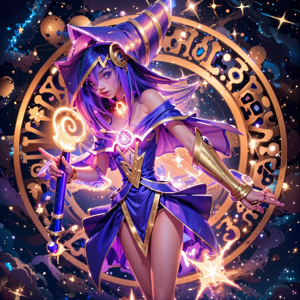 (8k, Foto RAW, melhor qualidade, senhor:1.2), (Realistic, photo-Realistic:1.37) Imagine a young magical sorceress, a Dark Magician Girl de Yu-Gi-Oh!, about to cast a powerful spell. Um vestido curto em tons de azul escuro com detalhes dourados, magical stars adorning your outfit. A flowing cape with star-shaped embellishments. Ela usa meias que combinam com seu traje. Visualize seu cabelo longo e fluido. The color is a vibrant purple, talvez com nuances de rosa ou azul. Look for ribbons or magical decorations in your hair.. Imagine a pointy hat she wears, Decorated with magical symbols. Talvez uma estrela brilhante no topo, adicionando um toque de magia.  See her holding a magic wand in her hand. The stick emits a mystical aura, indicando seu poder como feiticeira.