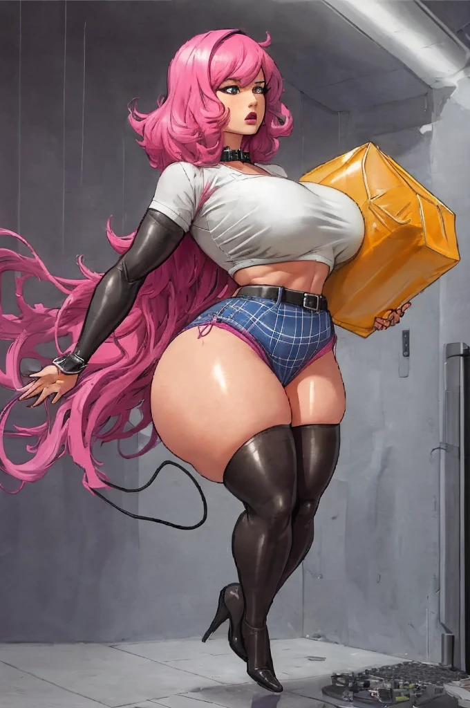 1960's, Living inflatable, inflating poison, luxurious long and thick pink hair, (wearing a stars and stripes bandana), (wearing long jean jacket with anime t-shirt with logo), (plaid miniskirt), platform sneakers, knee high socks, floating, (((hyper breasts))), (((muscle expansion))), (((muscular legs))), (((muscular))), (inflating erect hyper futanari penis!!!), pleasurable look on face while hands stroking penis, (inside neon lit indoor arcade)