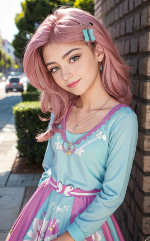 (La mejor calidad, Obra maestra), 1girl, 18 year old , beautiful age girl , chica americana , vestido, viento, Flor, Parte superior del cuerpo, fondo , Mirada seductora , small nose , cabello largo rosa , vestido de fiesta , maquillaje , labios rojos , sombra de ojos , gran sonrisa , fondo variado , avitacion , senos grandes , cabello largo rosa , pelo largo rosa , ojos azules, foto de cuerpo completo , posando linda , senos grandes , Fluttershy ,mlp , animales de felpa