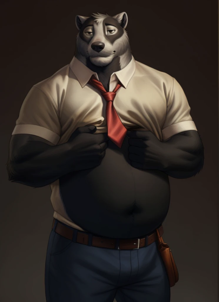 nikolai krol, solo, bara, plump, belly, fat, black fur, (pose:1.3), (posing:1.3), (soft shading), 4k, hi res, ((detailed face, (detailed eyes:1.0), detailed)), (full body), by zackarry911, by zaush, (by personalami:0.5), looking at viewer, short hair, shirt, 1boy, navel, male focus, open clothes, necktie, collared shirt, belt, pants, round stomach, open shirt, formal, undressing, bare pectorals, loose necktie, salaryman, necktie removed