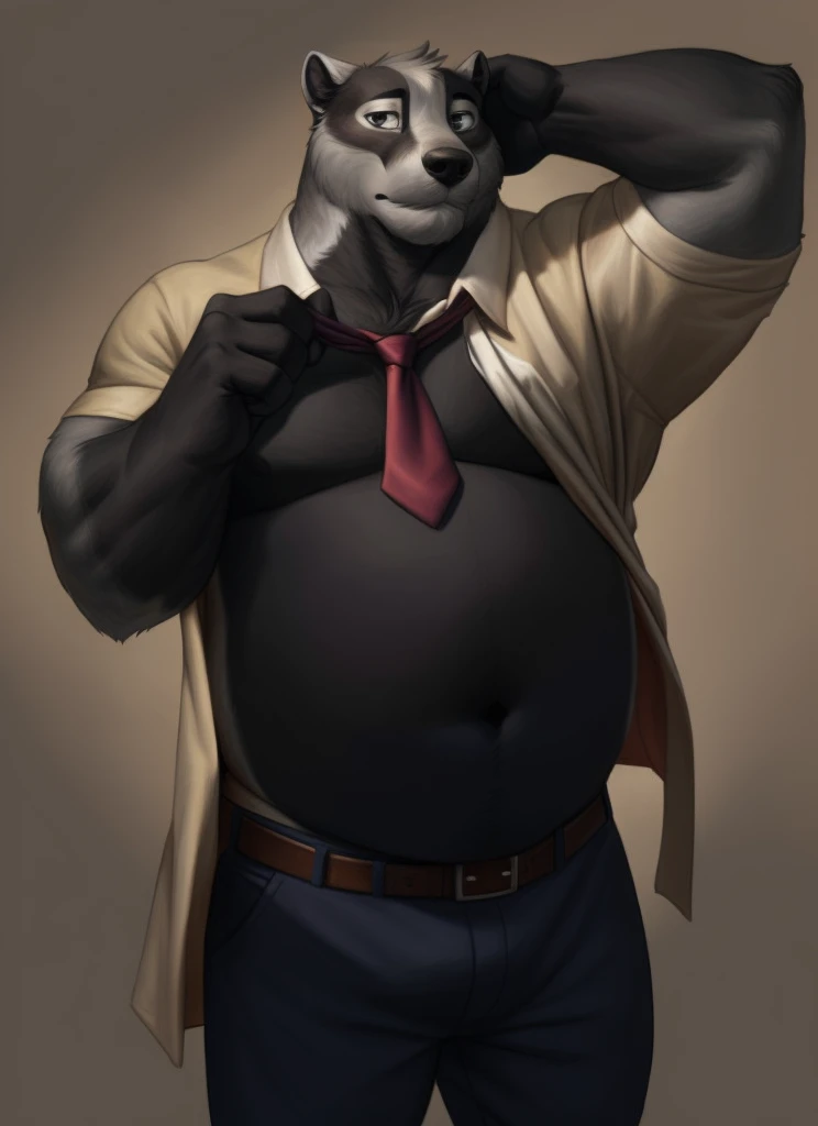 nikolai krol, solo, bara, plump, belly, fat, black fur, (pose:1.3), (posing:1.3), (soft shading), 4k, hi res, ((detailed face, (detailed eyes:1.0), detailed)), (full body), by zackarry911, by zaush, (by personalami:0.5), looking at viewer, short hair, shirt, 1boy, navel, male focus, open clothes, necktie, collared shirt, belt, pants, round stomach, open shirt, formal, undressing, bare pectorals, loose necktie, salaryman, necktie removed