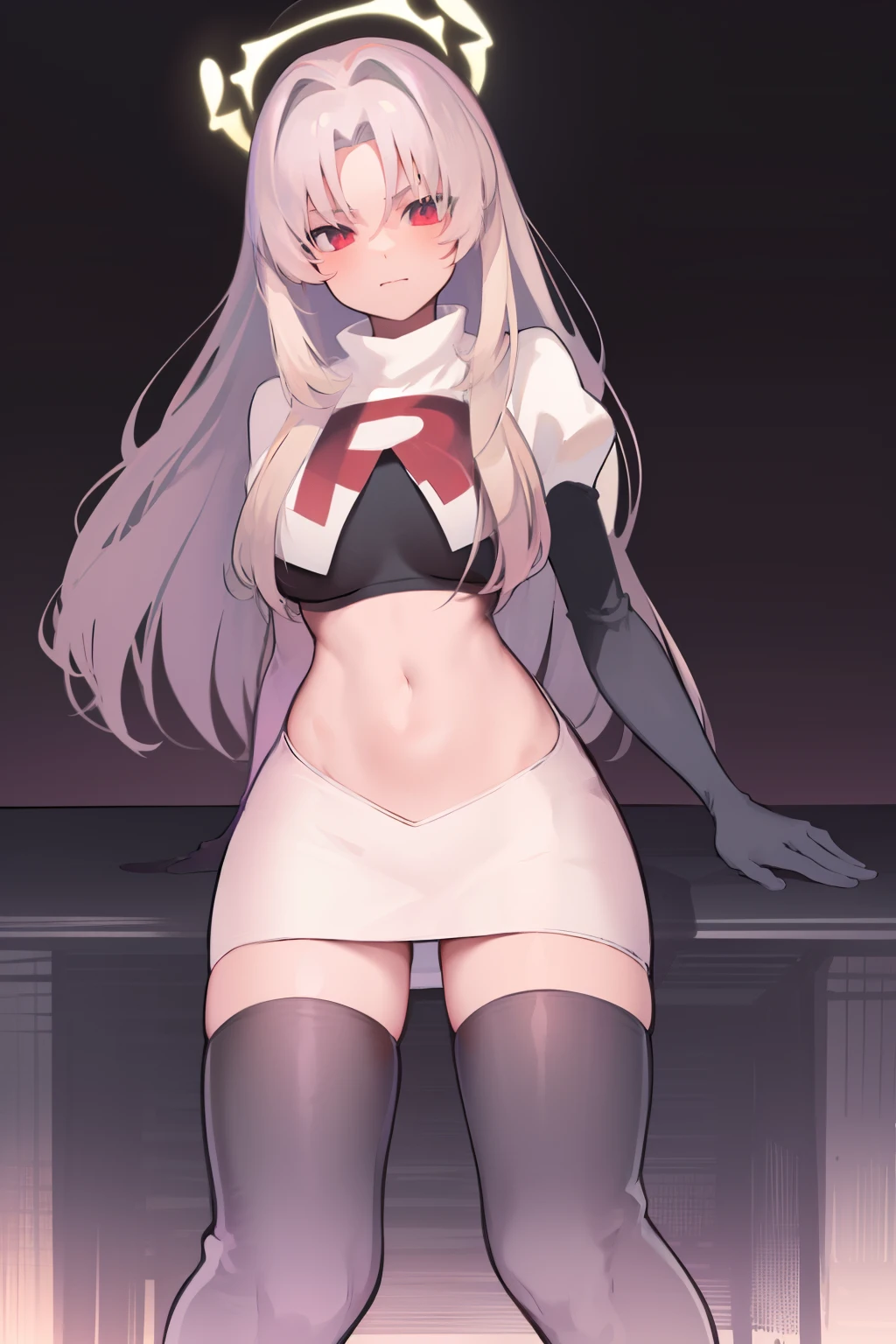 ((extreme detail)),(ultra-detailed),(painting), extremely detailed CG unity 8k wallpaper,best quality,sakurako, halo, looking at viewer, team rocket,team rocket uniform, red letter R, white skirt,white crop top,black thigh-highs,black elbow gloves,