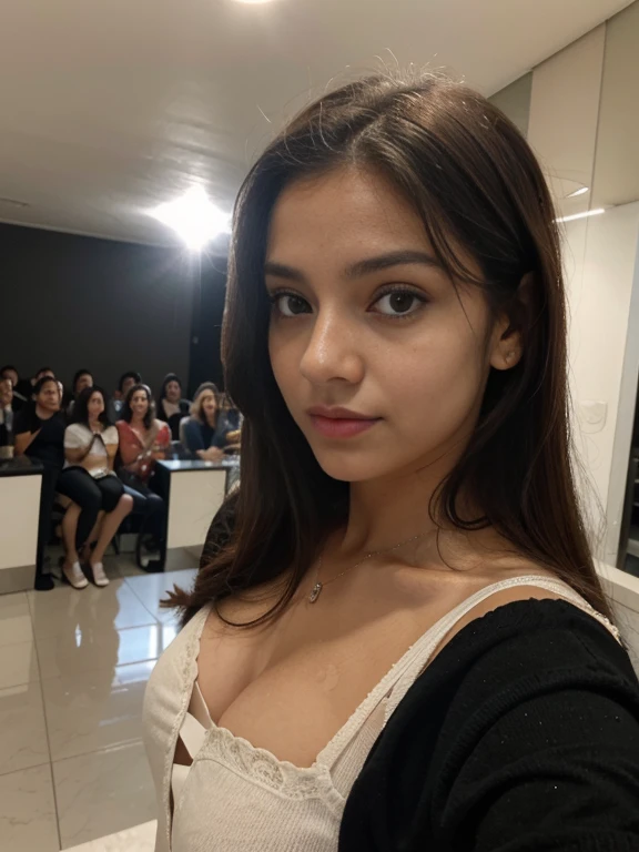 Foto de uma mulher morena de 20 anos, que tem um rosto muito natural, labios finos, olhos finos, sobrancelhas finas, nariz fino, brincos, long eyelashes. Ela faz uma selfie fofa em shopping em Roma no cinema, andando e olhando para o espectador de corpo inteiro , com roupas vermelha