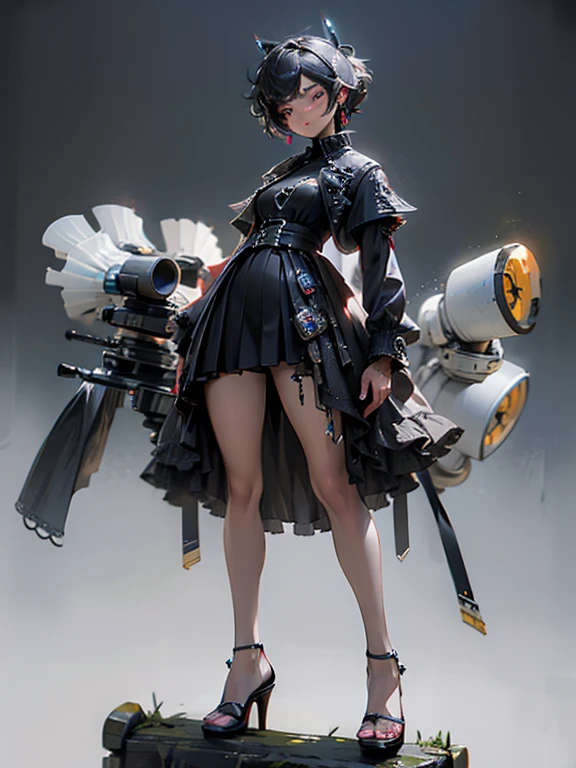 35mm, F/2.8, Incredibly hyper-detailed and intricately realistic, full body shot of a woman wearing high heels sandals with a short black dress posing for a picture with her Sniper Rifle (a Barrett .50cal). She is on top of an old Russian building. Cinematic lights, high detail, 4k image quality (((highly detailed face))), ((((4k)))) (((((unreal engine))))),