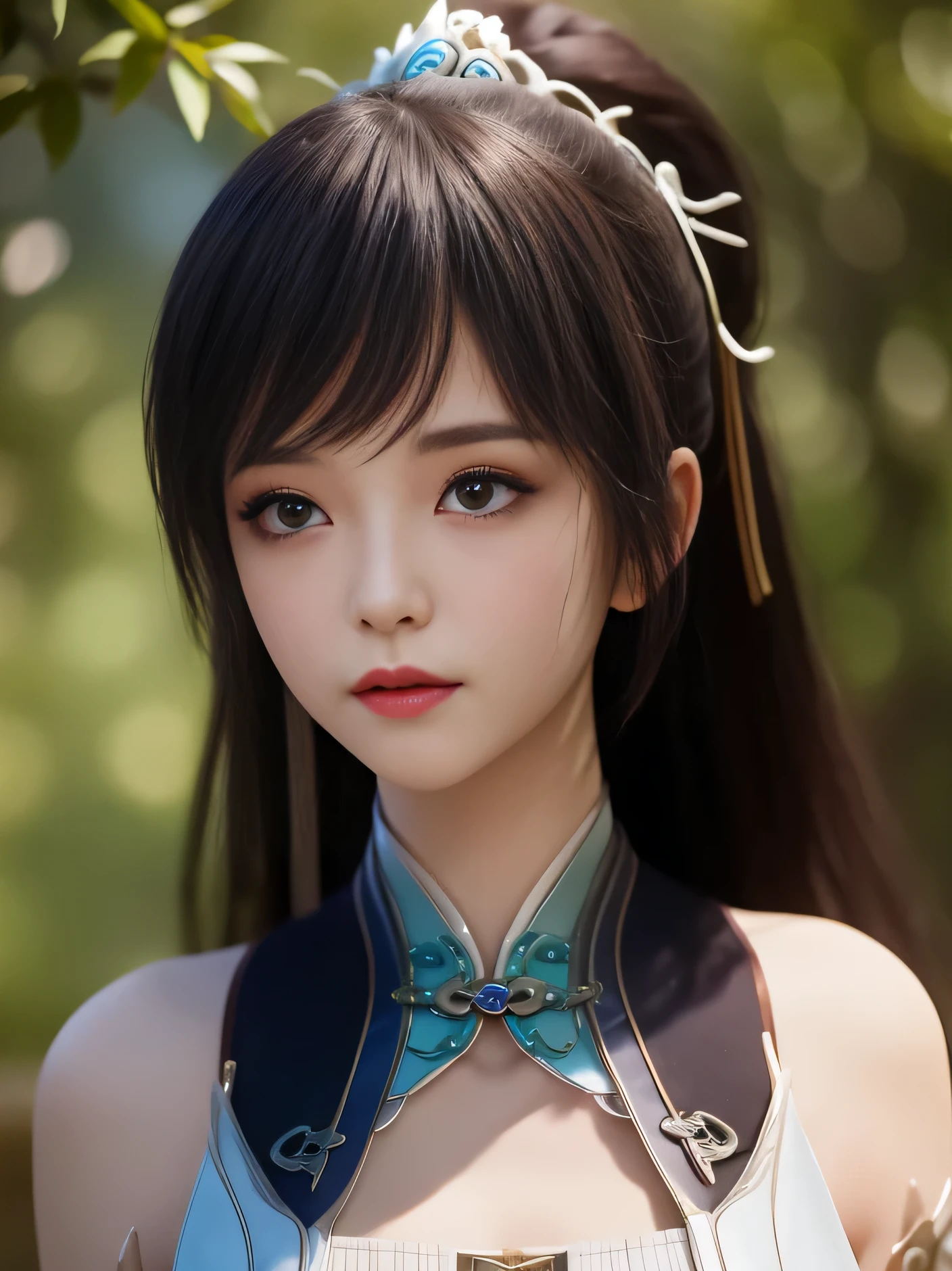 1girl,long hair,ln the forest，hillside，Quiet，Rustic，High-definition detail、Hyper-detailing、cinematic ligh、ultra-realistic realism、Soft light、Deep field focus bokeh、on cheongsam，full bodyesbian