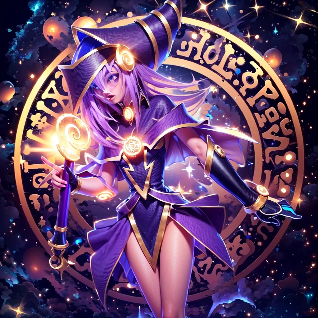 (8k, Foto RAW, melhor qualidade, senhor:1.2), (Realistic, photo-Realistic:1.37) Imagine a young magical sorceress, a Dark Magician Girl de Yu-Gi-Oh!, about to cast a powerful spell. Um vestido curto em tons de azul escuro com detalhes dourados, magical stars adorning your outfit. A flowing cape with star-shaped embellishments. Ela usa meias que combinam com seu traje. Visualize seu cabelo longo e fluido. The color is a vibrant purple, talvez com nuances de rosa ou azul. Look for ribbons or magical decorations in your hair.. Imagine a pointy hat she wears, Decorated with magical symbols. Talvez uma estrela brilhante no topo, adicionando um toque de magia. See her holding a magic wand in her hand. The stick emits a mystical aura, indicando seu poder como feiticeira.