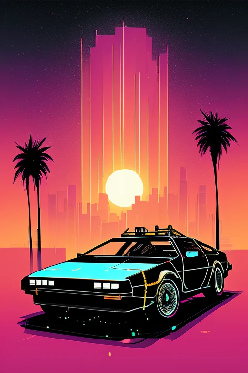 (nvinkpunk:1.2) (snthwve style:0.8) delorean, lightwave, sunset, intricate, highly detailed