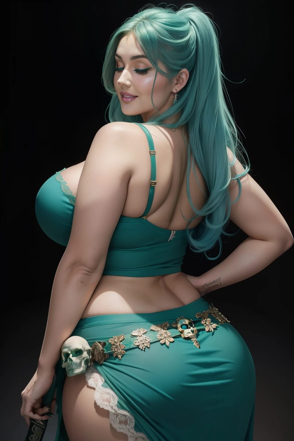 Lucy Pinder, ((VERY INTENSE MAKEUP)), sexy woman, voluptuous, cleavage, chubby woman, (Adele), lace, light blue hair, long hair, skull on head, green t-shirt, green skirt, sword in hand, ( face portrait), smiling, back, beautiful buttocks, ((eyes closed)), ((mouth wide open)).