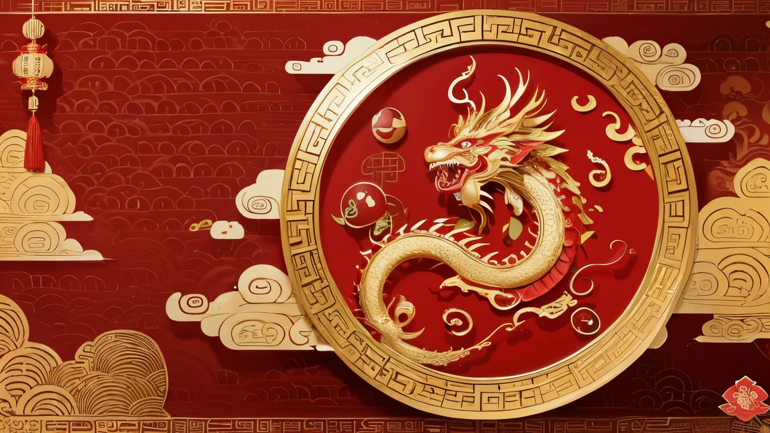 Chinese dragon，Spring Festival，red，Gold pattern，festive，cute，Rich in details，Friendly eyes，HD，desktop background