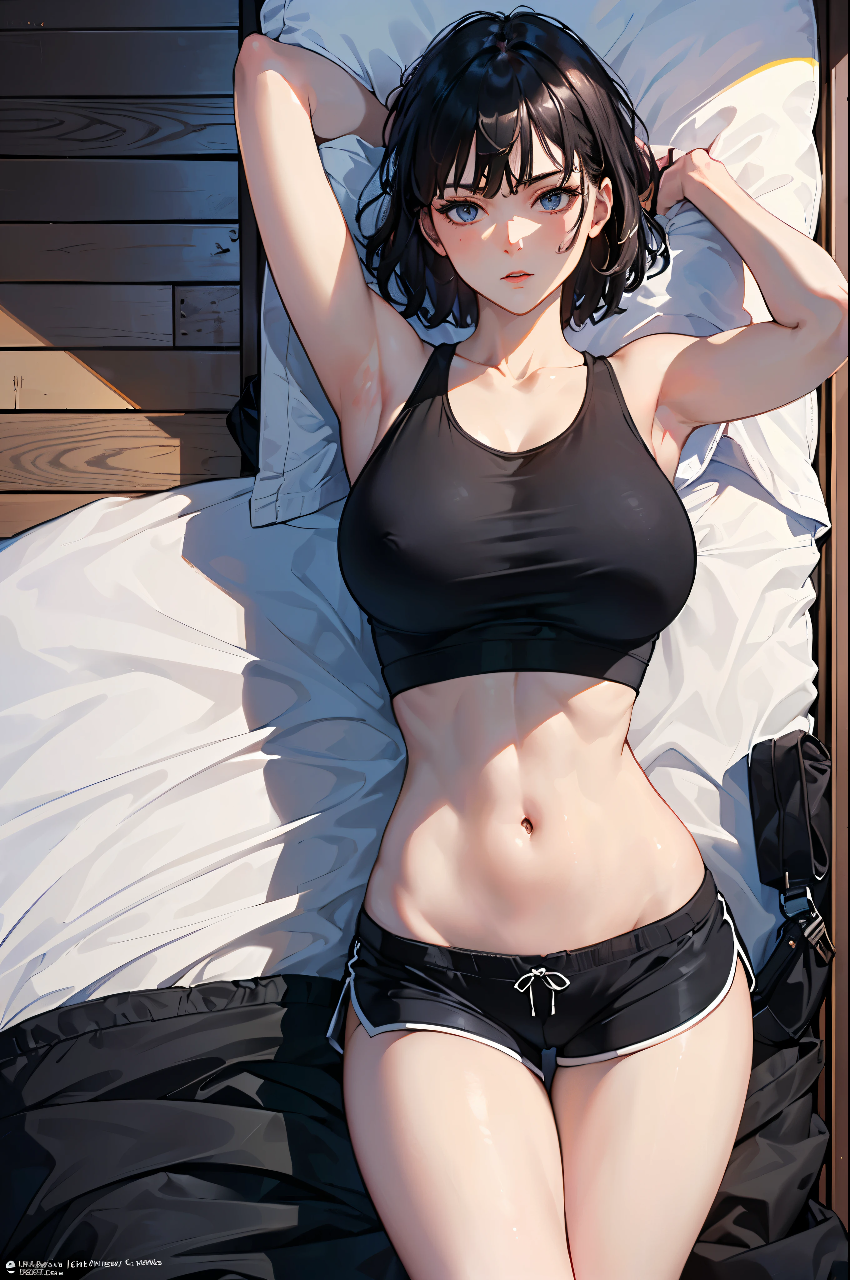 ((((masterpiece, best quality, high resolution)))), very detailed 8K, Beautiful girl with a slender body, (Ultra HD, very detailed, very detailed, very realistic, surreal, realistic photo), (1 woman:1.5), (Realistic black hair), (short wavy hair), bob cuts, Towards the camera, (Beautiful detailed face, beautiful and delicate eyes), wide hips, (huge breasts), (White_tank_top:1.4), (bedroom), bright, (Black color_gym_shorts:1.4), (lying in bed, throw, from above, behind:1.2),( top view, bed:1.2),cowboy_firing