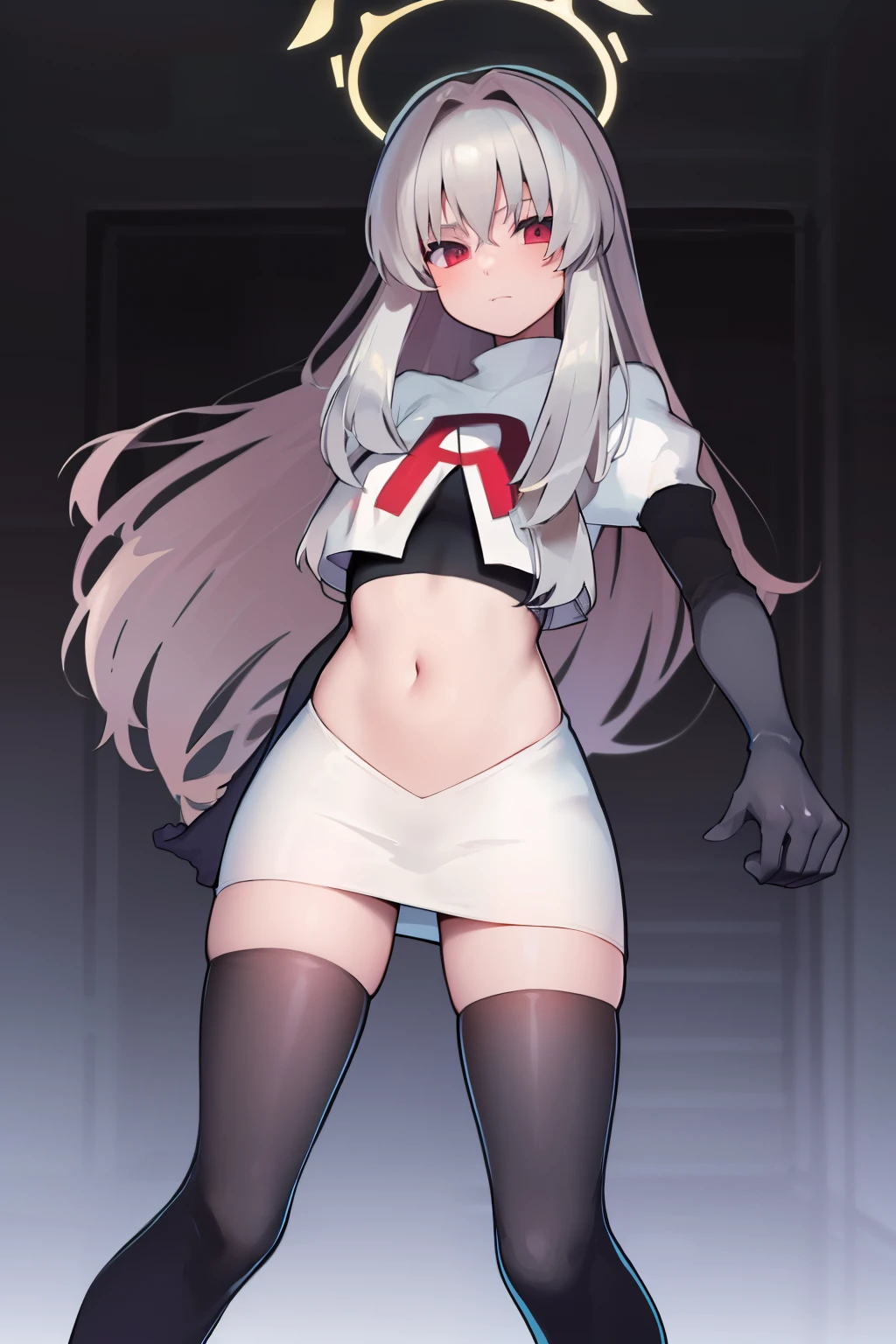 ((extreme detail)),(ultra-detailed),(painting), extremely detailed CG unity 8k wallpaper,best quality,sakurako, halo, looking at viewer, team rocket,team rocket uniform, red letter R, white skirt,white crop top,black thigh-highs,black elbow gloves,