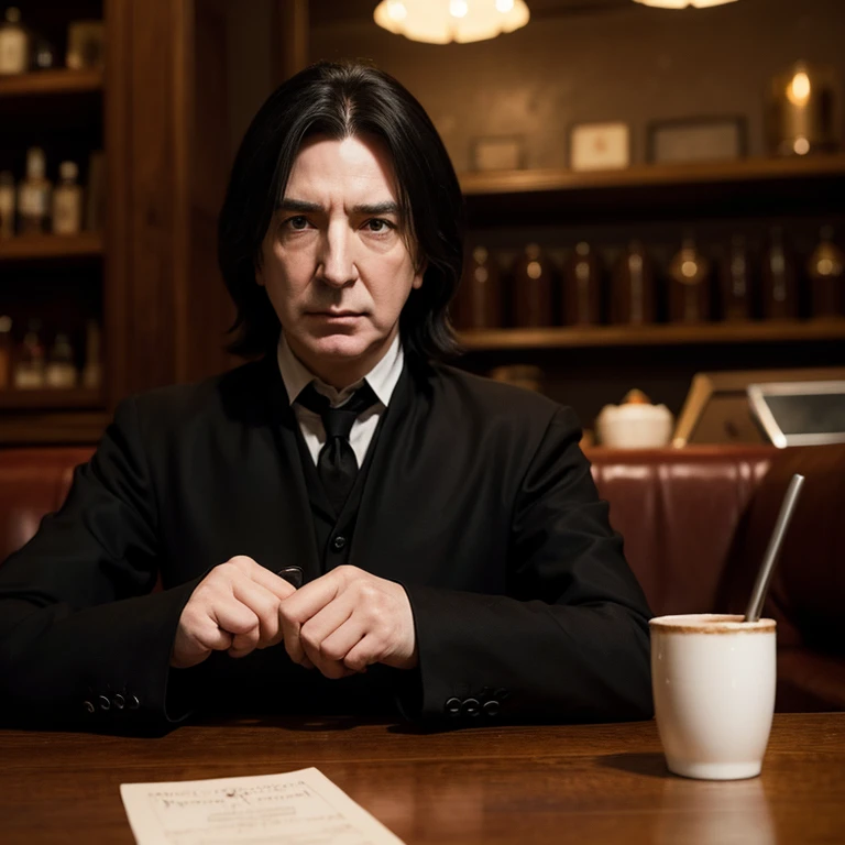 Severus Snape played by Alan Rickman,,pondering,Cafe,hyper-realistic