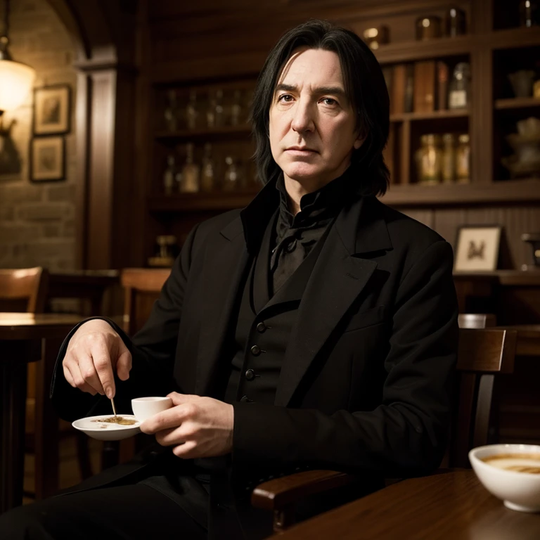 Severus Snape played by Alan Rickman,,pondering,Cafe,hyper-realistic