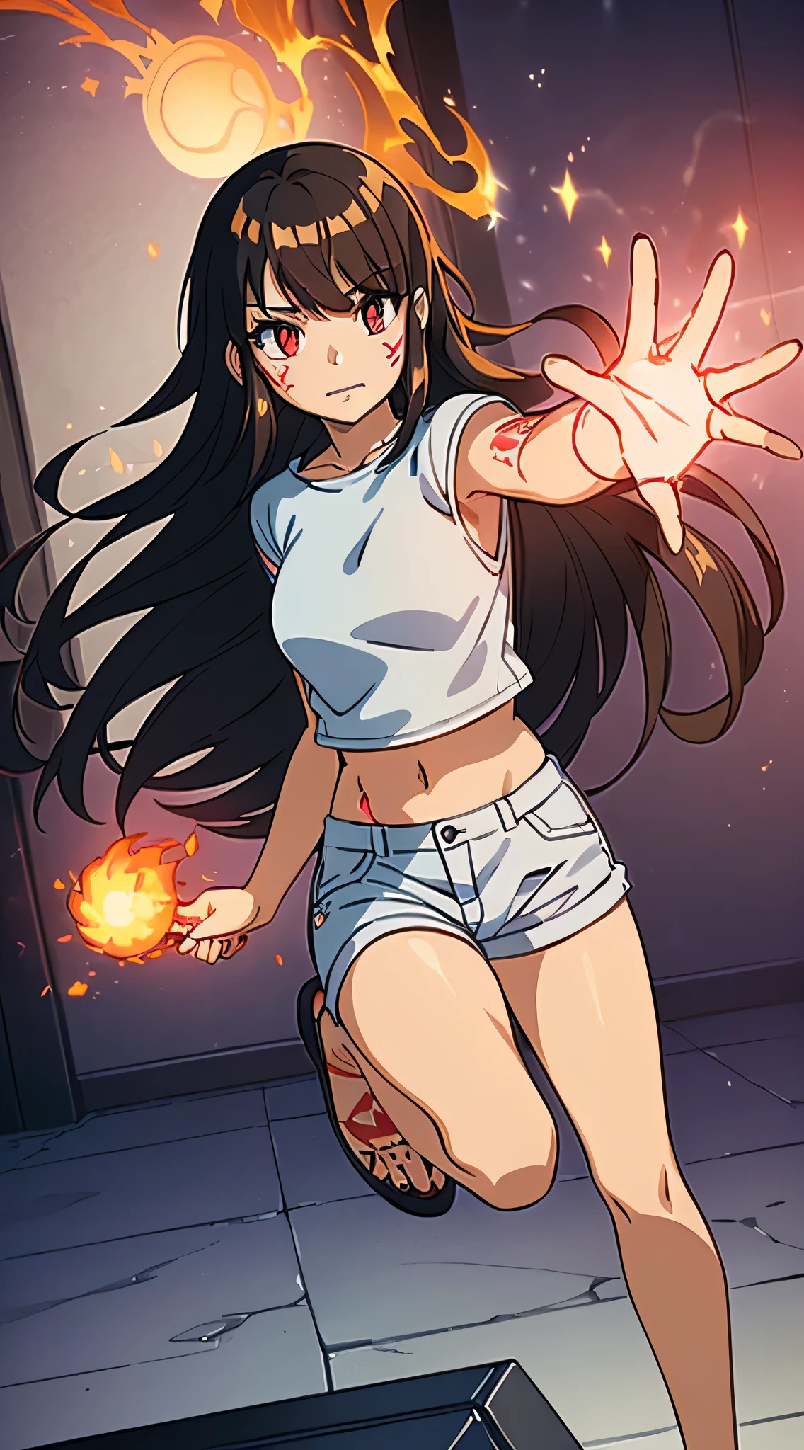 (masterpiece, top quality, best quality, official art, beautiful and aesthetic:1.2) 1 girl, Black hair, long hair, ((bright white eyes: glowing white eyes)), red fishnet shirt, white ripped jean pants, fire powers in palms, throwing fire ball, ((detailed leg tattoos)),