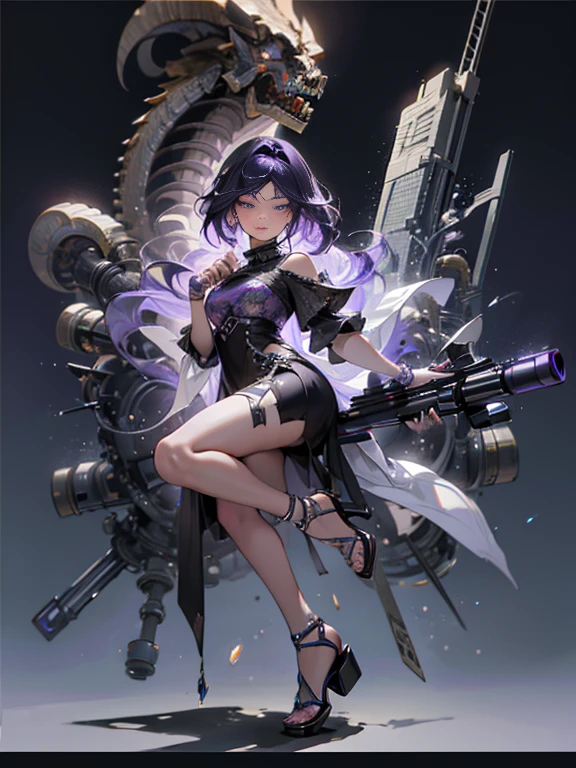 35mm, F/2.8, Incredibly hyper-detailed and intricately realistic, full body shot of a purple hair woman wearing high heels sandals with a short black dress posing for a picture with her Sniper Rifle (a Barrett .50cal). She is on top of an old Russian building. Cinematic lights, high detail, 4k image quality (((highly detailed face))), ((((4k)))) (((((unreal engine))))),