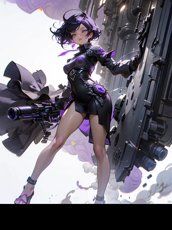 35mm, F/2.8, Incredibly hyper-detailed and intricately realistic, full body shot of a purple hair woman wearing high heels sandals with a short black dress posing for a picture with her Sniper Rifle (a Barrett .50cal). She is on top of an old Russian building. Cinematic lights, high detail, 4k image quality (((highly detailed face))), ((((4k)))) (((((unreal engine))))),
