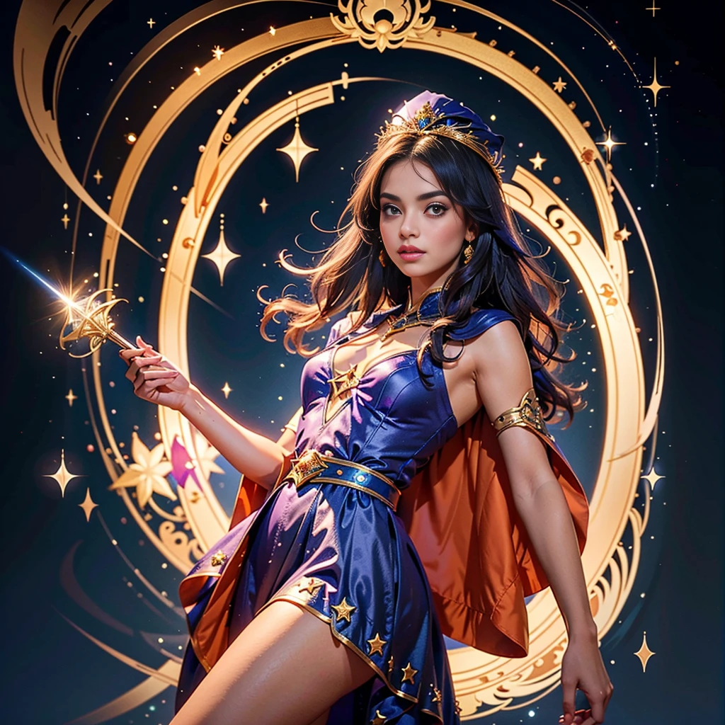 (8k, Foto RAW, melhor qualidade, senhor:1.2), (Realistic, photo-Realistic:1.37) Imagine a young magical sorceress, a Dark Magician Girl de Yu-Gi-Oh!, about to cast a powerful spell. Um vestido curto em tons de azul escuro com detalhes dourados, magical stars adorning your outfit. A flowing cape with star-shaped embellishments. Ela usa meias que combinam com seu traje. Visualize seu cabelo longo e fluido. The color is a vibrant purple, talvez com nuances de rosa ou azul. Look for ribbons or magical decorations in your hair.. Imagine a pointy hat she wears, Decorated with magical symbols. Talvez uma estrela brilhante no topo, adicionando um toque de magia. See her holding a magic wand in her hand. The stick emits a mystical aura, indicando seu poder como feiticeira.