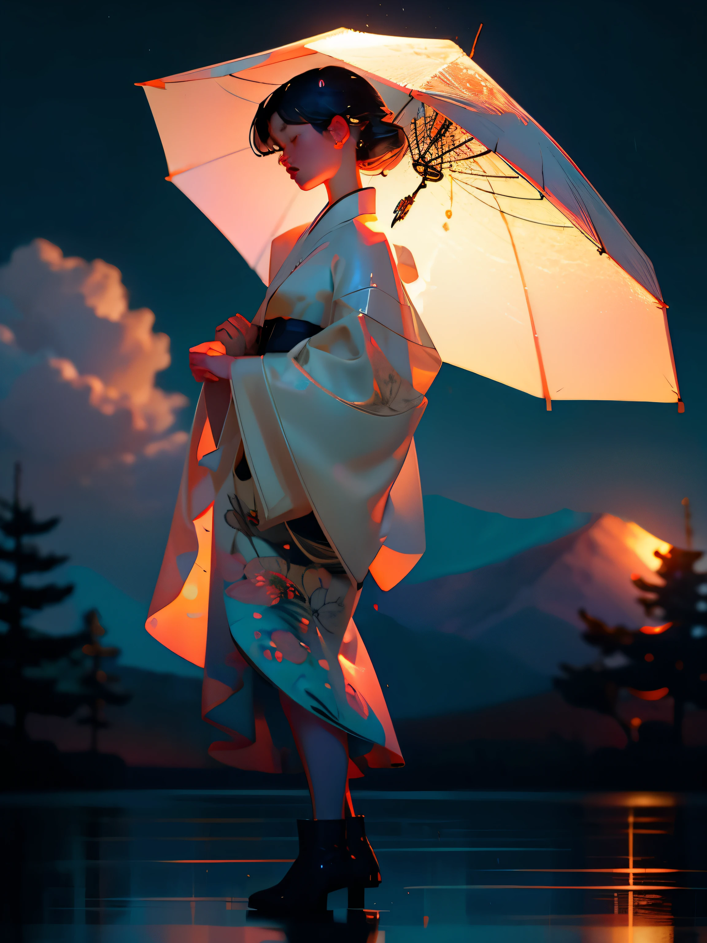 Young woman, Beautiful shape, The eyes are very delicate and beautiful.., big moon, rain, Standing in ankle-deep water., reflection, wet clothes, black hair, short hair hair, smooth, ผมwet, very detailed, hair accessories, Japanese clothes, Yukata, White Kimono, translucent, flower, open shoulder, chest, wet, lamp, at night, outdoor, rain, mountain, clouds, lamp, night sky, tree, very detailed, CG, movie light, Detailed background, East Asian Architecture