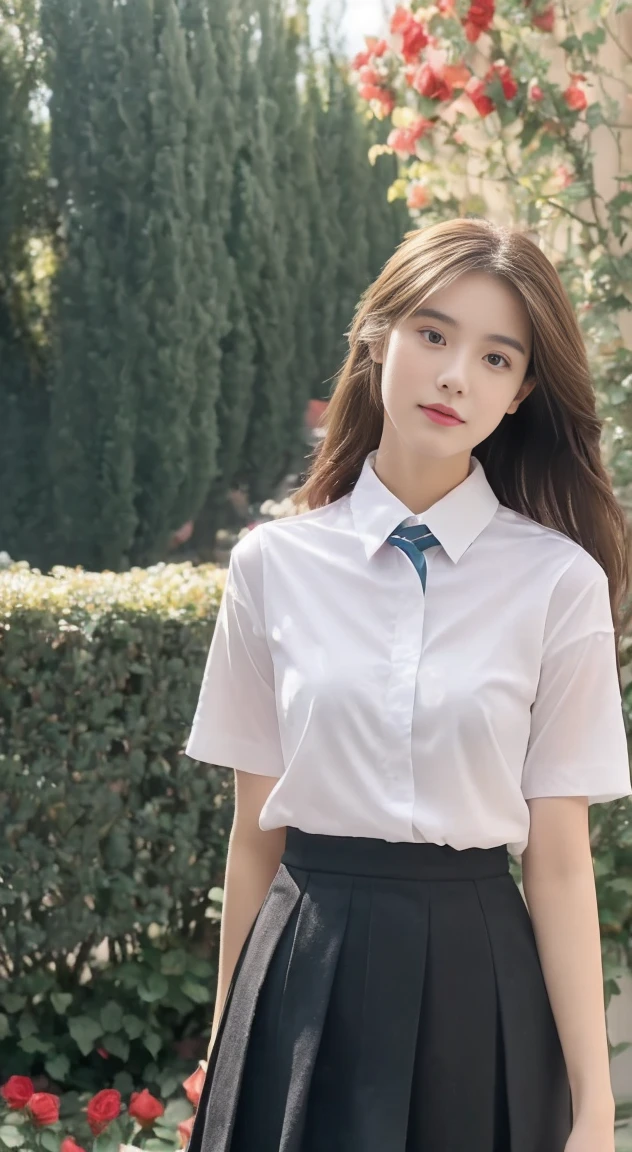 ((best qualtiy, 8K, Masterpiece Masterpiece: 1.3)),1girl，（full bodyesbian：1.5），Perfect figure，cute beautiful, Slim，very pretty girl， ((Brown hair black)) , (pleatedskirt，white short sleeve shirt，Women's school shoes，school uniform，Full chest，Golden ratio figure，Highly detailed face，standing on your feet：1.2），（（Sea of roses）），highly-detailed face，Ray traching，Colorful dreamy fairy tale garden，detail-rich，Sea of roses，8K,