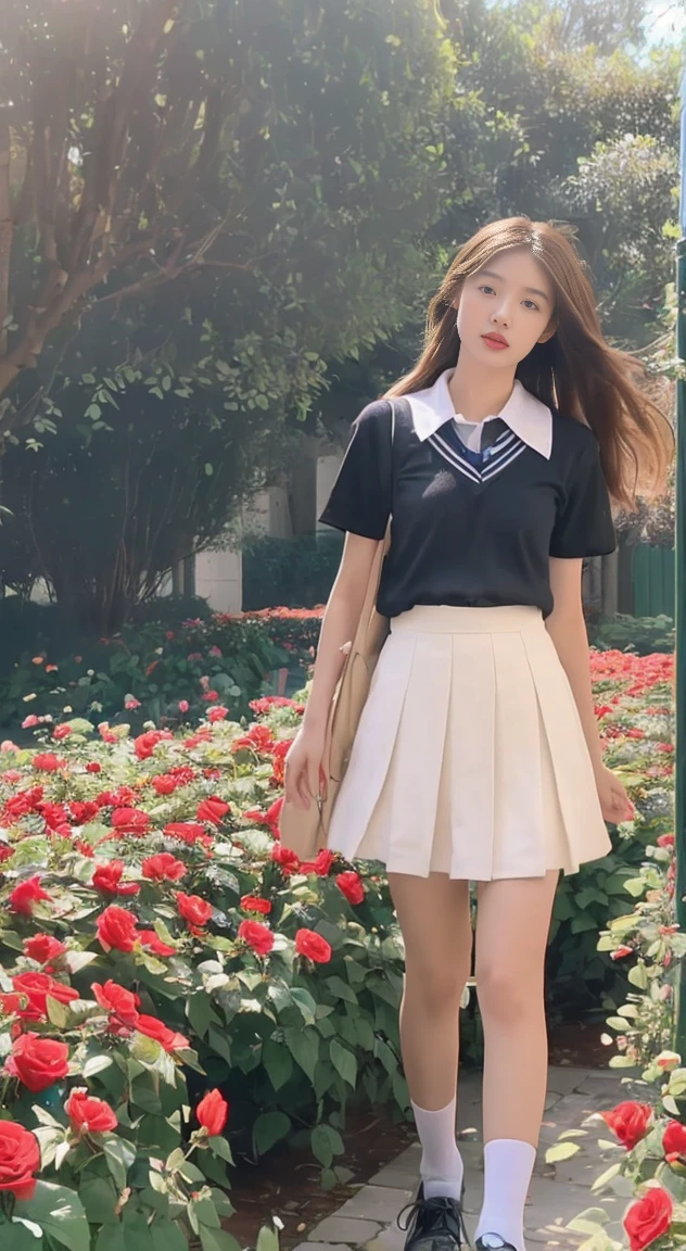 ((best qualtiy, 8K, Masterpiece Masterpiece: 1.3)),1girl,(full bodyesbian:1.5),Perfect figure,cute beautiful, Slim,very pretty girl, ((Brown hair black)) , (pleatedskirt,white short sleeve shirt,Women's school shoes,school uniform,Full chest,Golden ratio figure,Highly detailed face,standing on your feet:1.2),((Sea of roses)),highly-detailed face,Ray traching,Colorful dreamy fairy tale garden,detail-rich,Sea of roses,8K,