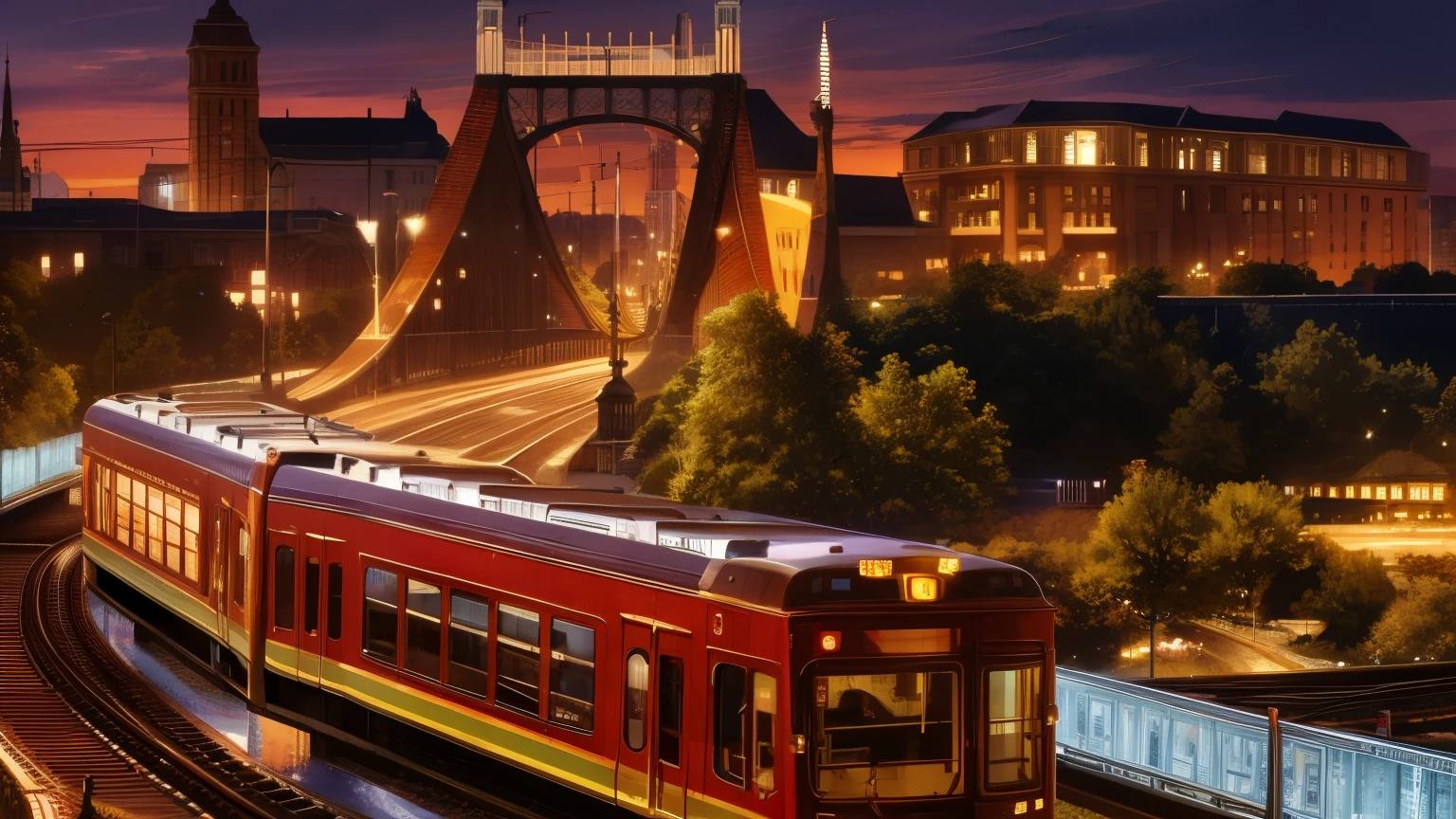 (best quality),(masterpiece),(Super detailed),(high detail),(Very detailed),(lake watercolor),(pen watercolor), 8k resolution Alafid train running on the tracks，The background is a bridge, orange line, city charging, tramss, trains in the background, Environmental photography, cover shoot, Minneapolis, author：Carl Walker, hwasa, tramss ) ) ), 2 0 2 2 photo, vienna city, meter, Vibrant environment, trams, photo