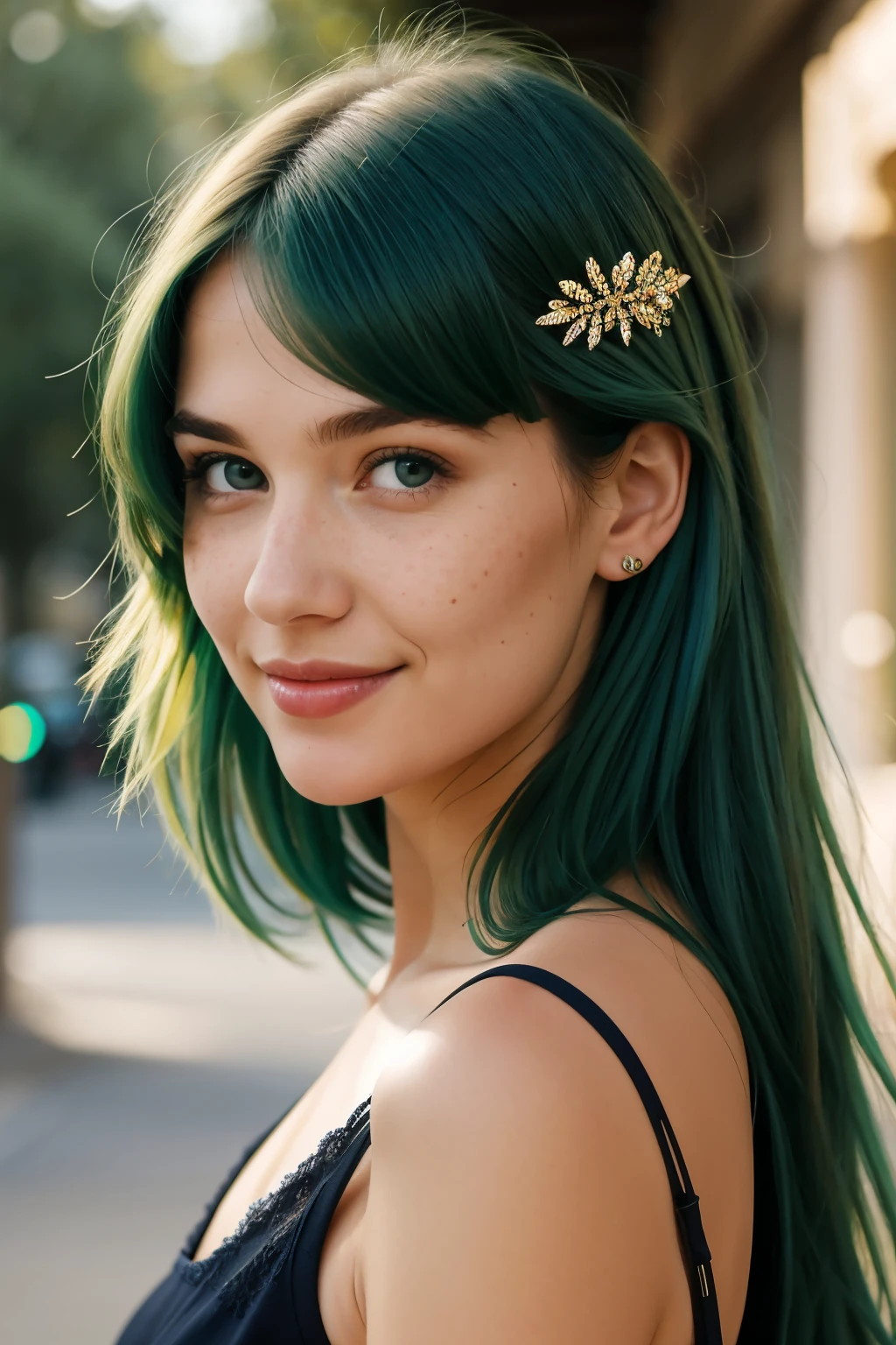 Generate a detailed profile picture of a gorgeous Australian girl with green-colored hair. Include specific features such as her eye color, facial expression, and any accessories or clothing that complement her appearance. Capture the essence of her beauty and personality in the generated image. The image should be realistic. , beautiful lady, freckles, big smile, dark makeup, hyperdetailed photography, soft light, head and shoulders portrait, cover