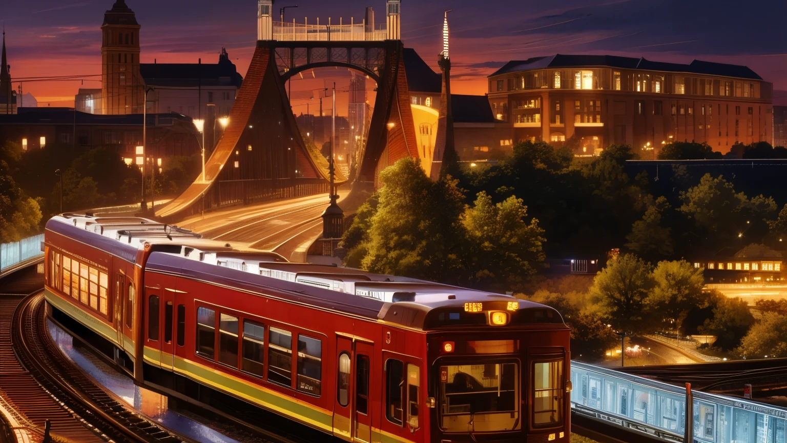 (best quality),(masterpiece),(Super detailed),(high detail),(Very detailed),(lake watercolor),(pen watercolor), 8k resolution Alafid train running on the tracks,The background is a bridge, orange line, city charging, tramss, trains in the background, Environmental photography, cover shoot, Minneapolis, author:Carl Walker, hwasa, tramss ) ) ), 2 0 2 2 photo, vienna city, meter, Vibrant environment, trams, photo