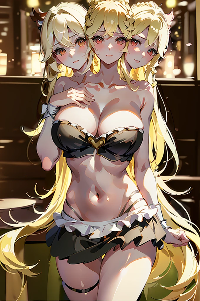 (masterpiece, best quality),best quality, (ultra-detailed), (3heads:1.4), 1girl, (kirasame marisa:1.3), masterpiece, best quality, black top, crop top, ((stomach)), midriff, ((groin)), black skirt, normal ears, shackles, blonde hair, very long hair, wavy hair, sidelocks, yellow eyes, parted lips, single horn, sweat, cute, toned belly, hand on own chest, eyelashes, (24 year old woman:1.3), (masterpiece:1.4), (best quality:1.4), (beautiful detailed, extremely detailed CG, extremely delicate and beautiful, depth of field, (finely detailed face), (perfect details:1.1), (mature female:1.3), wide pelvis, slender, large veiny breast, 8k resolution, high quality, high definition, extremely detailed, masterpiece, best quality, blonde hair, long hair, alluring presence, single braid, braid, short skirt, close up, big tits, young,