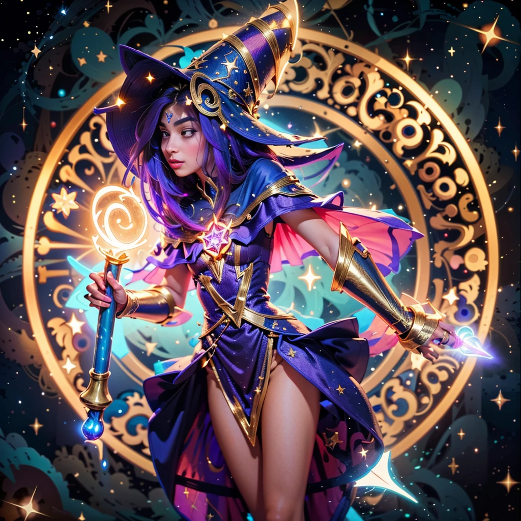 (8k, Foto RAW, melhor qualidade, senhor:1.2), (Realistic, photo-Realistic:1.37) Imagine a young magical sorceress, a Dark Magician Girl de Yu-Gi-Oh!, about to cast a powerful spell. Um vestido curto em tons de azul escuro com detalhes dourados, magical stars adorning your outfit. A flowing cape with star-shaped embellishments. Ela usa meias que combinam com seu traje. Visualize seu cabelo longo e fluido. The color is a vibrant purple, talvez com nuances de rosa ou azul. Look for ribbons or magical decorations in your hair.. Imagine a pointy hat she wears, Decorated with magical symbols. Talvez uma estrela brilhante no topo, adicionando um toque de magia. See her holding a magic wand in her hand. The stick emits a mystical aura, indicando seu poder como feiticeira.