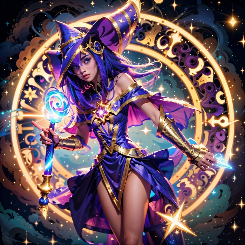 (8k, Foto RAW, melhor qualidade, senhor:1.2), (Realistic, photo-Realistic:1.37) Imagine a young magical sorceress, a Dark Magician Girl de Yu-Gi-Oh!, about to cast a powerful spell. Um vestido curto em tons de azul escuro com detalhes dourados, magical stars adorning your outfit. A flowing cape with star-shaped embellishments. Ela usa meias que combinam com seu traje. Visualize seu cabelo longo e fluido. The color is a vibrant purple, talvez com nuances de rosa ou azul. Look for ribbons or magical decorations in your hair.. Imagine a pointy hat she wears, Decorated with magical symbols. Talvez uma estrela brilhante no topo, adicionando um toque de magia. See her holding a magic wand in her hand. The stick emits a mystical aura, indicando seu poder como feiticeira.