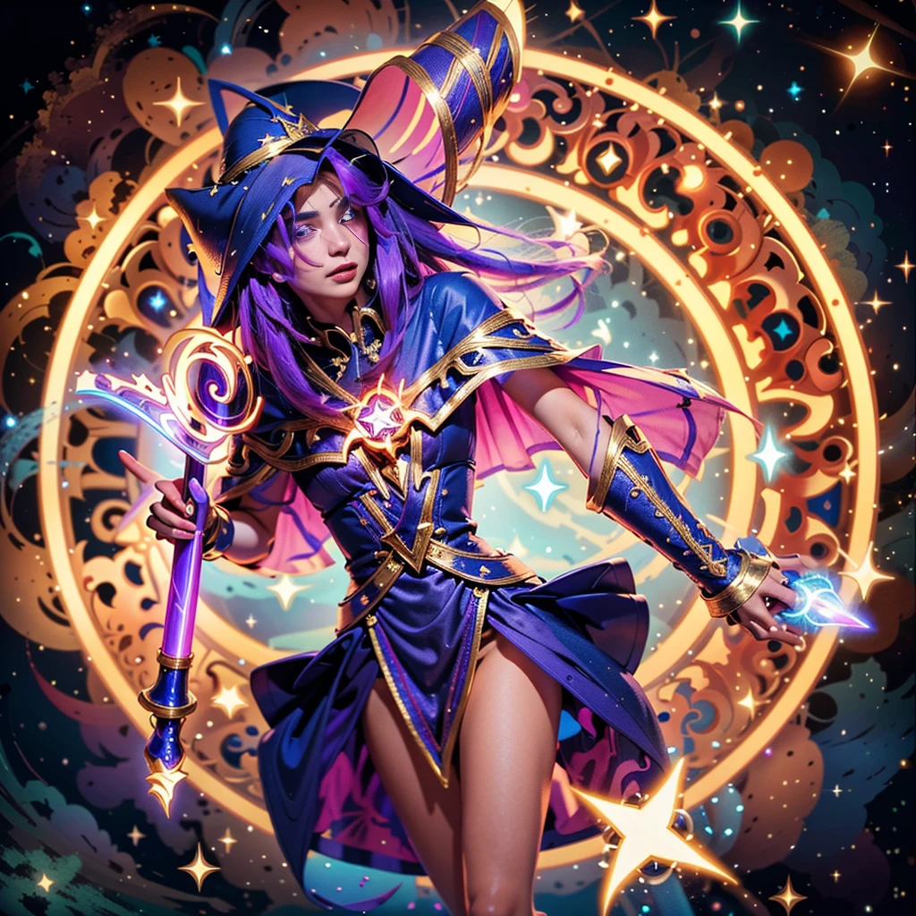 (8k, Foto RAW, melhor qualidade, senhor:1.2), (Realistic, photo-Realistic:1.37) Imagine a young magical sorceress, a Dark Magician Girl de Yu-Gi-Oh!, about to cast a powerful spell. Um vestido curto em tons de azul escuro com detalhes dourados, magical stars adorning your outfit. A flowing cape with star-shaped embellishments. Ela usa meias que combinam com seu traje. Visualize seu cabelo longo e fluido. The color is a vibrant purple, talvez com nuances de rosa ou azul. Look for ribbons or magical decorations in your hair.. Imagine a pointy hat she wears, Decorated with magical symbols. Talvez uma estrela brilhante no topo, adicionando um toque de magia. See her holding a magic wand in her hand. The stick emits a mystical aura, indicando seu poder como feiticeira.