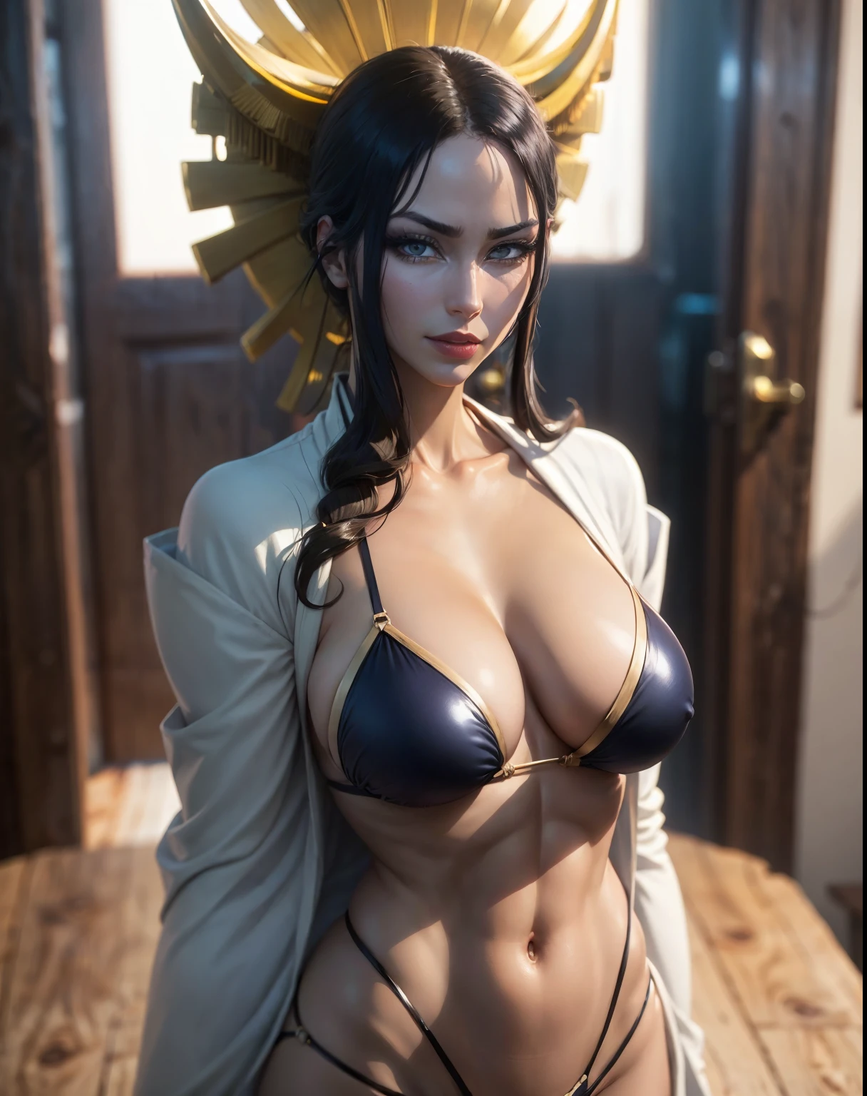 (masterpiece), best quality, expressive eyes, perfect face, solo Senjumaru Shuta from Bleach in sexy bikini 30 year old women seductive body big breasts big thigs facing towards screen  parted lips  feminine figure body in  bikini, Lockhart beautiful expressive eyes ,  4k backlighting smirky face full shot, full body shot ,