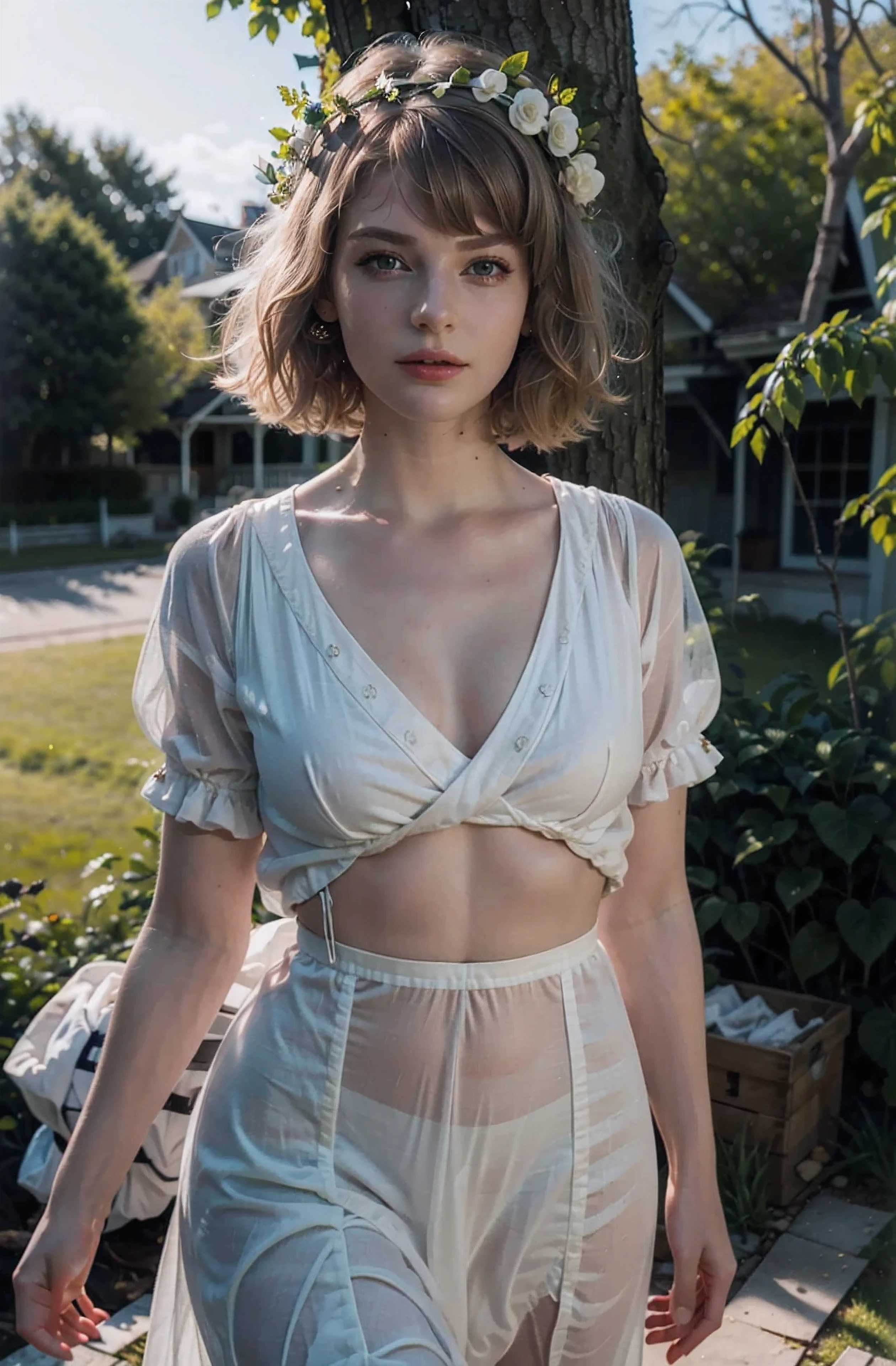 (Masterpiece in maximum 16K resolution:1.6), (intricate detail:1.4), (extremely insane detail:1.4),(highest quality:1.3),(raw image:1.8),(photorealistic:1.9),
BREAK,
(beauty shot:1.4),shot on Fujifilm X-T4, with a(soft focus filter:1.30), in style of (Anne Brigman:1.2),{The camera is positioned to reveal her entire body as she adopts a dynamic_pose},
BREAK,
(Dutch Beauty),((20_years_old):1.6),(Ella Freya),((beautiful_blonde_hair):1.5),(very_short_hair),(perfect blush),ultra-realistic skin texture, ultra-realistic eyes glow, ultra-realistic hair texture, big eyes, clear double eye lids, eyelashes, ears out,Attractive proportions,golden ratio face, perfect face,lip gloss, pale lips,(fashion model),(artistic body),((Maiden Robe)),((wearing flower crown)),(((in an serene outdoor setting))),(((wind blowing leaves))),(under bounced light:1.3),
BREAK,
She is adopting a ((dynamic_pose as interacts, boldly dancing a folk dance, moving her body in an exciting way):1.3), ((perfect_pose)), ((looking dreamily into the distance)),(((full body))), perfect_fingers, perfect_legs, perfect_hands, More Detail.