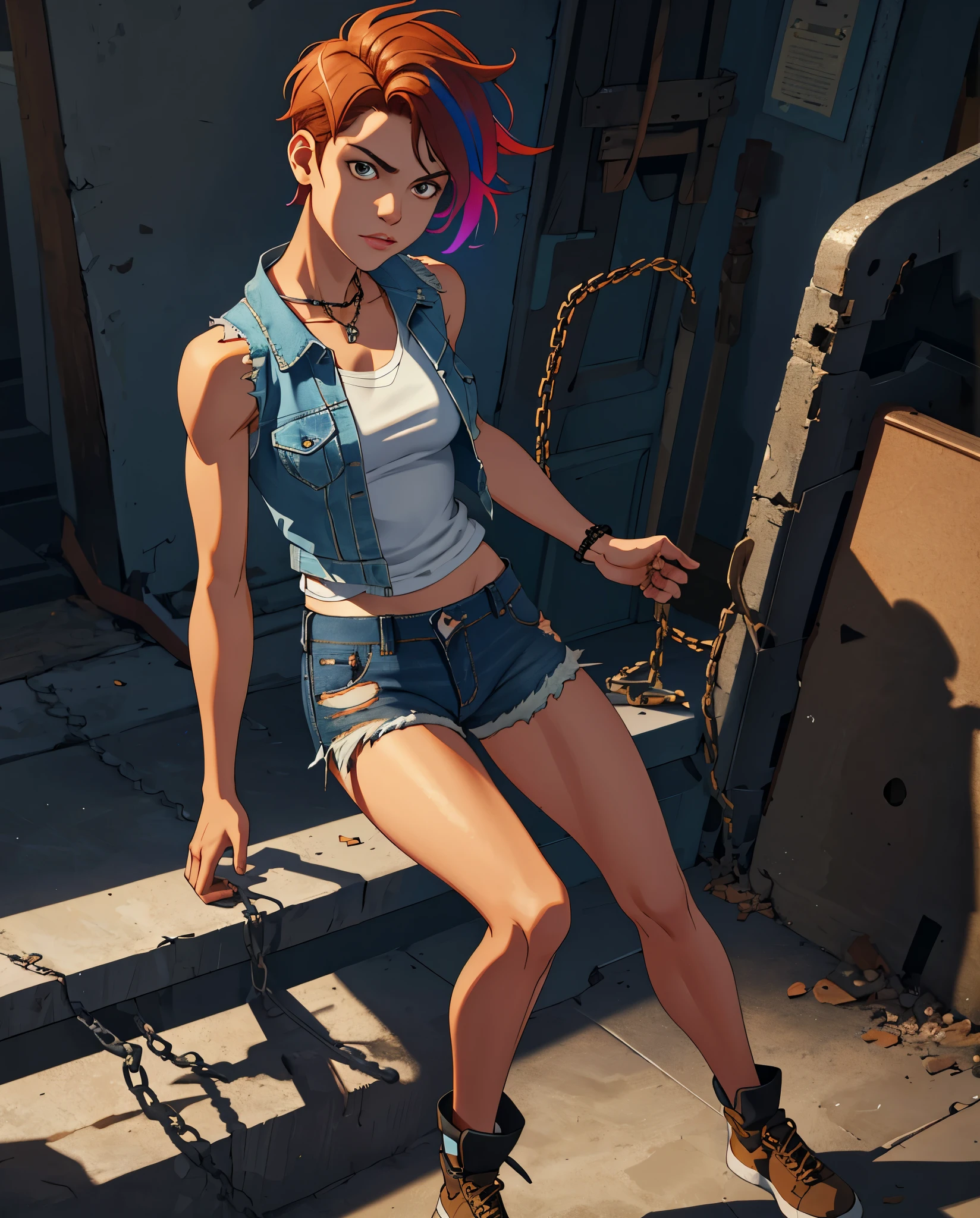 ((medium breast, tomboy girl,)),  (chiseled abs : 1.1), (perfect body : 1.1), (short wavy hair : 1.2) , auburn hair, collar, chain, full body shot, crowded street, wearing tanktop, jeans jacket, (torn clothes:1.3)((shorts)), (extremely detailed CG 8k wallpaper), (an extremely delicate and beautiful), (masterpiece), (best quality:1.0), (ultra highres:1.0),  beautiful lighting ,perfect lightning, realistic shadows, [highres], detailed skin, ultra-detailed (((colorful))),high realistic,