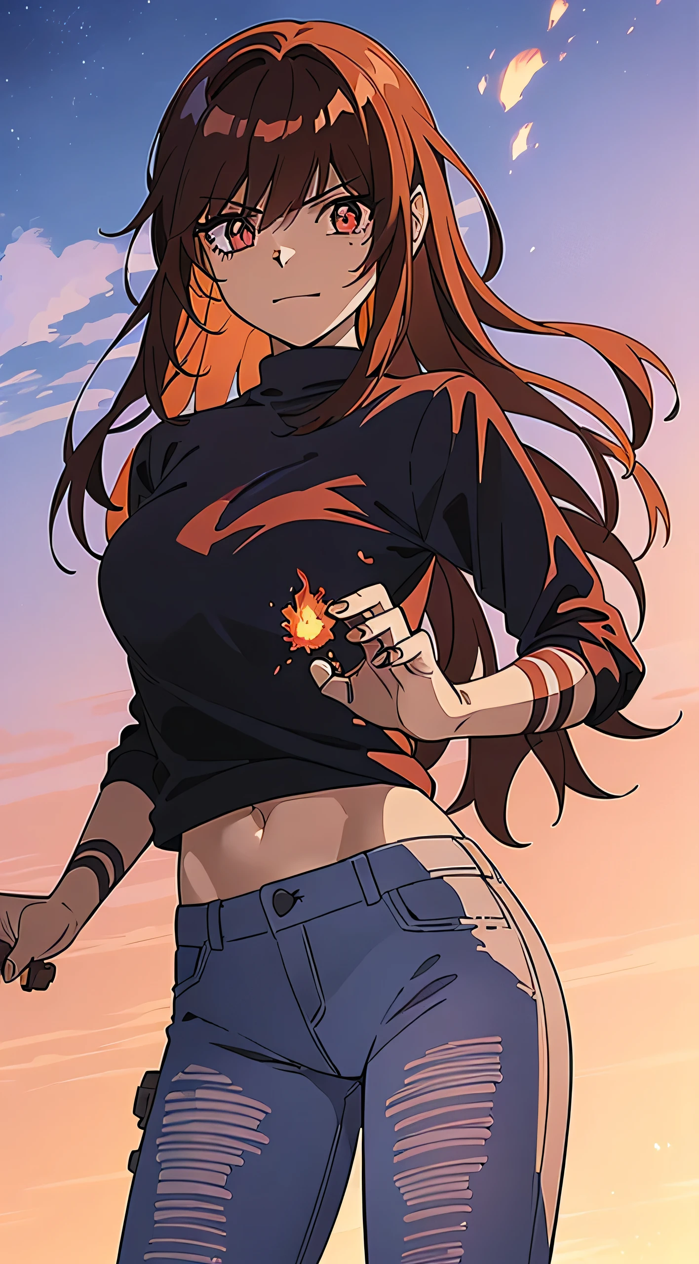 (masterpiece, top quality, best quality, official art, beautiful and aesthetic:1.2) 1 girl, Black hair, long hair, ((bright white eyes: glowing white eyes)), red fishnet shirt, white ripped jean pants, fire powers in palms, throwing fire ball, ((detailed leg tattoos)),