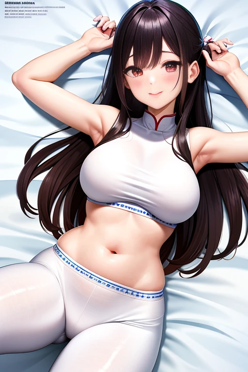 Super detailed，masterpiece，best quality，harf，View，blush blush，Yazawa Nico,red eyes, Blunt hair, 1 female、White clothes、white cheongsam，The belly is visible，Ancient style China、White bun hairstyle， black hair color hair、chubby、Smile、pale pink lips、Soaked all over，Pink breasts，oestrus，Blushed，lie flat，White yoga pants，