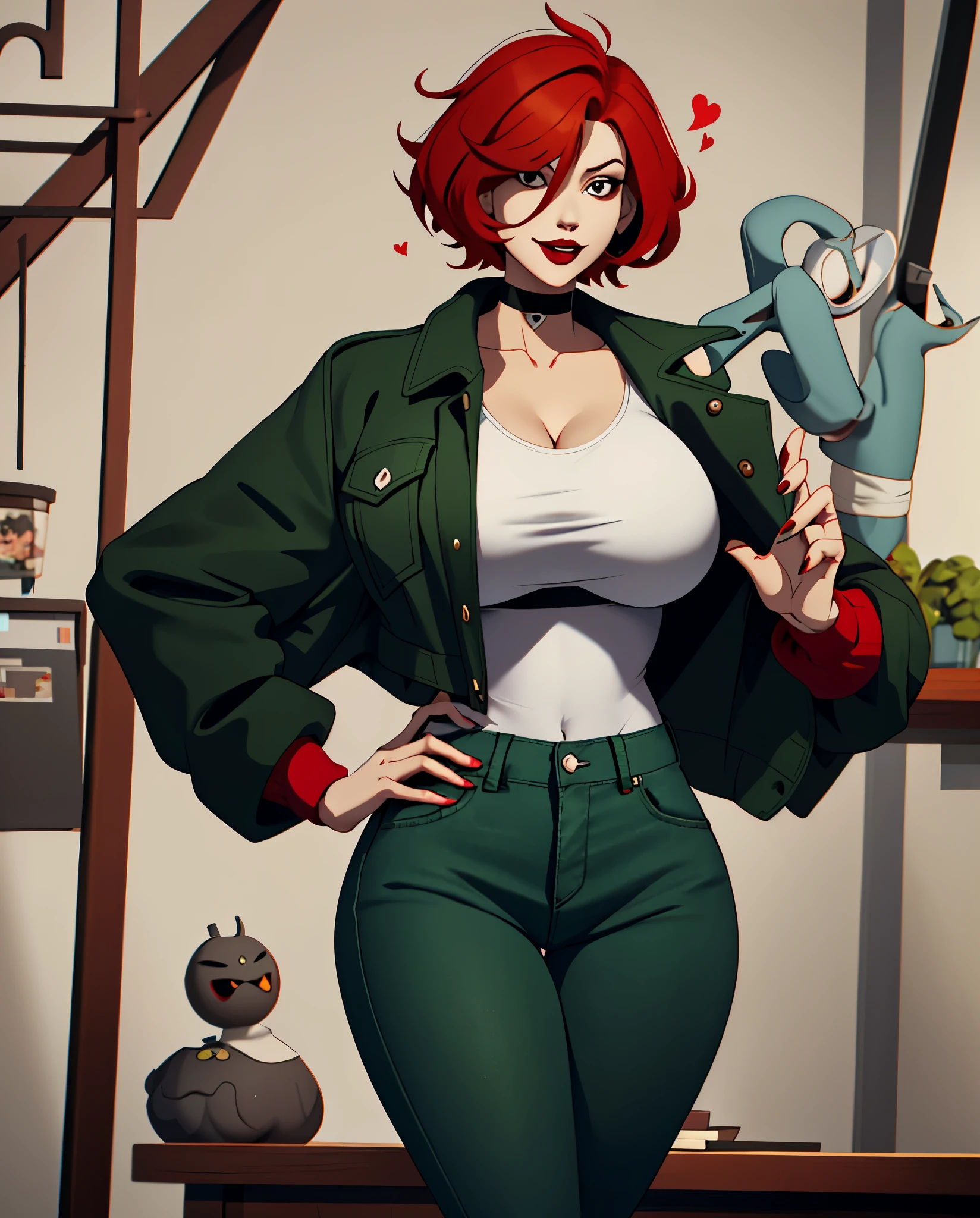 A woman with short, red hair and white tips. She has brown eyes and is wearing black lipstick. She has a slim body and is dressed in a green jacket and jeans. Big thighs, huge boobs, massive tits, big breast, thicc, sexy, suggestive, flirty face, submissive, hearts in eyes, nsfw 🥵