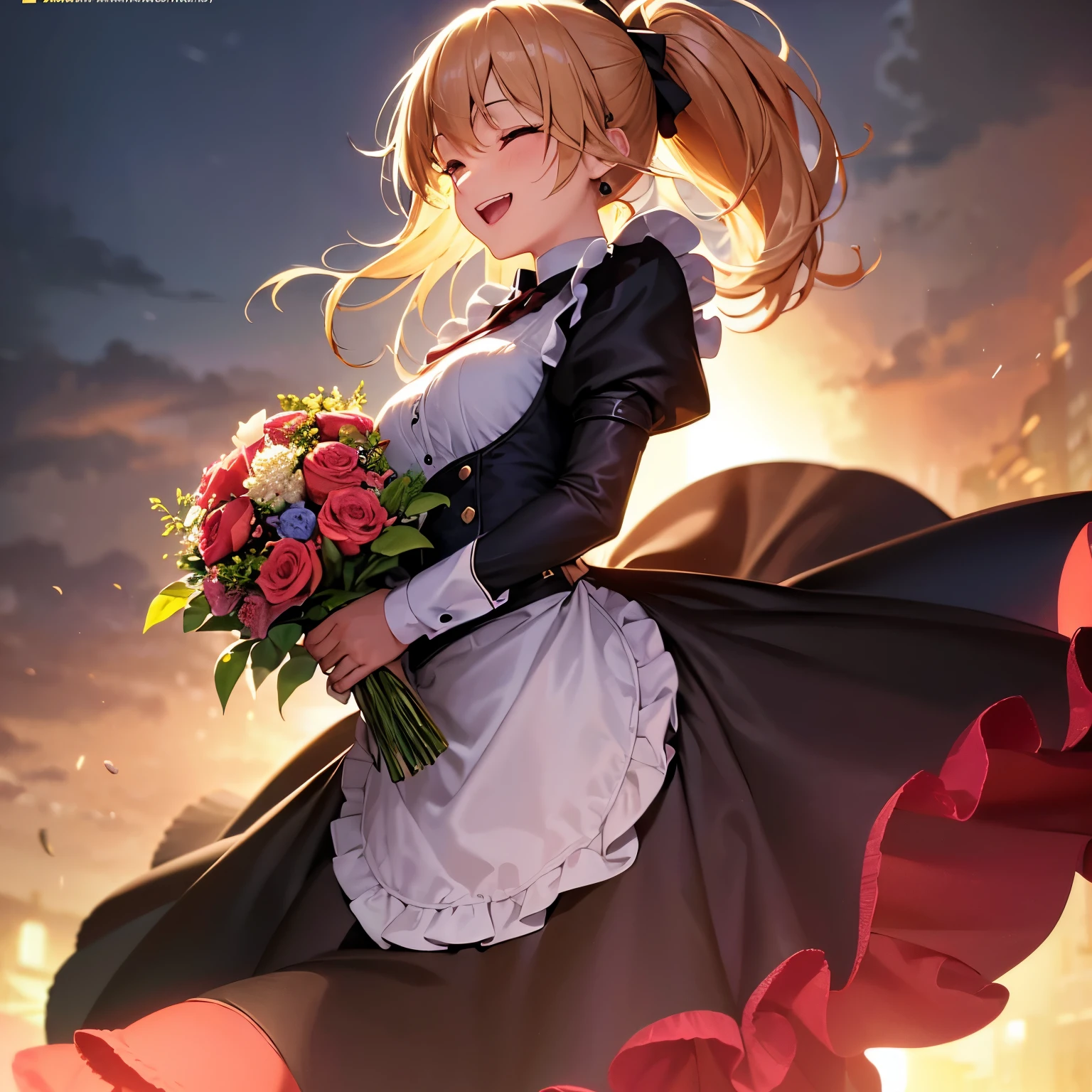 (Best Quality, 8K, hight resolution, masterpiece:1.2), Ultra-detailed, Realistic:1.37, Studio Lighting, Ultra-fine painting, Sharp Focus, Physically-based rendering, extreme detail description, Professional, Vivid colors, Bokeh, Concept Artist, Warm color palette, Dramatic Lighting, (shiny hair:1.4), (best shadow), thin lips,highly detailed face and eyes,long eyelashes,silky smooth skin,1 woman,(long sleeves maid costume),(long skirt:1.4),happy laugh,close eyes,red ponytail hairstyle,(have a bouquet),color halftorn patterns,
