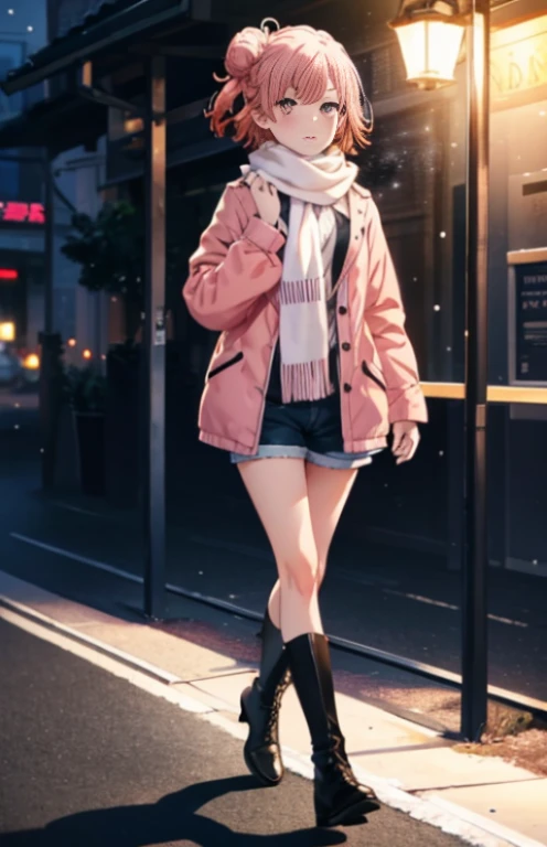 table top, high quality, 最high quality, High resolution, 4K, High resolution, beautiful lighting,highly detailed face, well drawn hands, beautifully drawn legs,well drawn feet,well drawn eyes,1 girl, short hair, pink hair, pink eyes, Yui, bun hair,red coat，Scarf，White Long Sweater，shorts，Black Pantyhose King，black short boots，in the street、It&#39;s snowing，walk，-So，