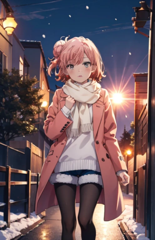 table top, high quality, 最high quality, High resolution, 4K, High resolution, beautiful lighting,highly detailed face, well drawn hands, beautifully drawn legs,well drawn feet,well drawn eyes,1 girl, short hair, pink hair, pink eyes, Yui, bun hair,red coat，Scarf，White Long Sweater，shorts，Black Pantyhose King，black short boots，in the street、It&#39;s snowing，walk，-So，