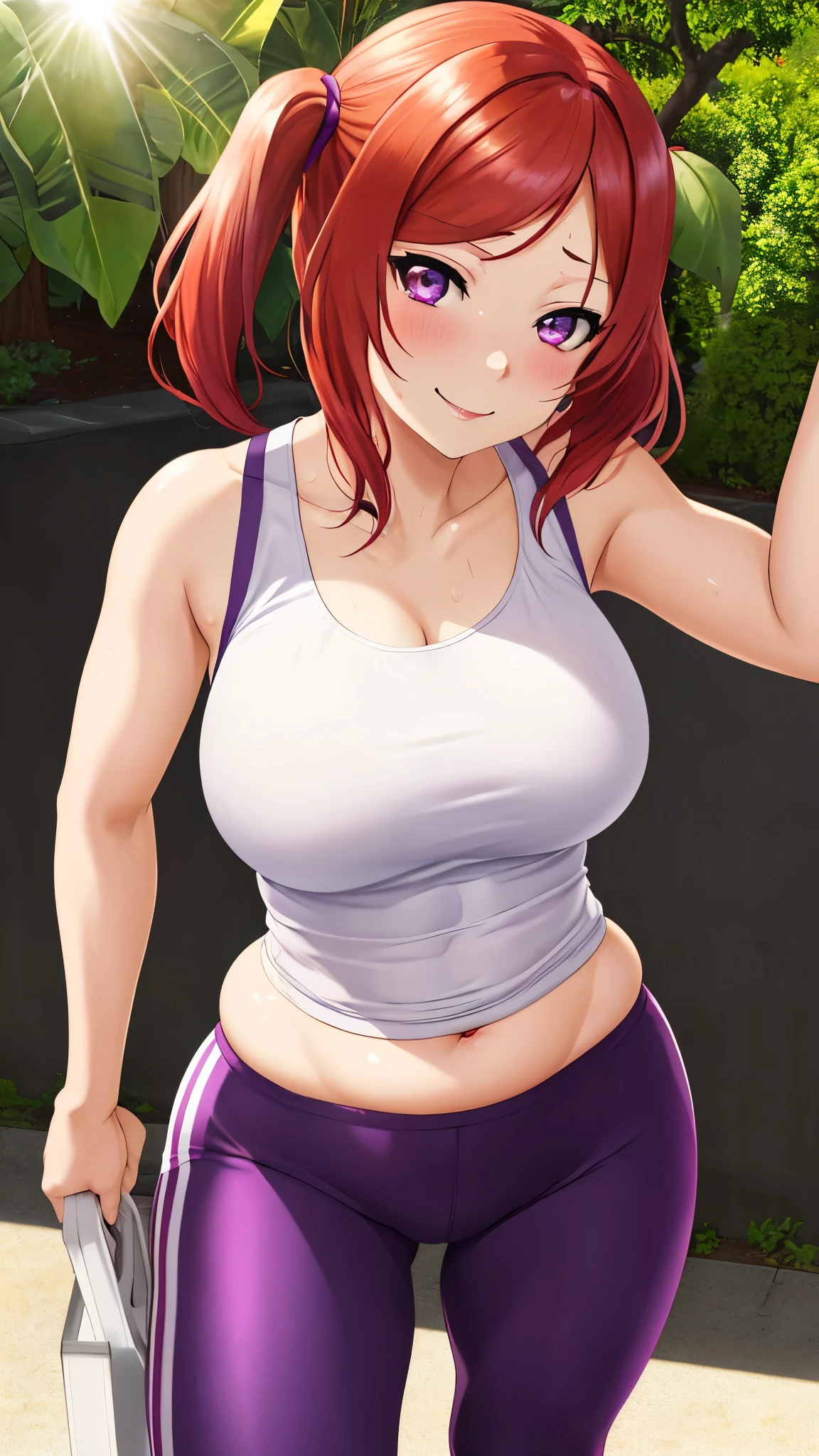 masterpiece, best quality,(NSFW:0.9),Nishikino maki, standing,purple eyes, smile, low twintails,transparent white tank top, gym pants, sweating,Plants,sun, light ray, Closed mouth, after workout ,skin tight,plump