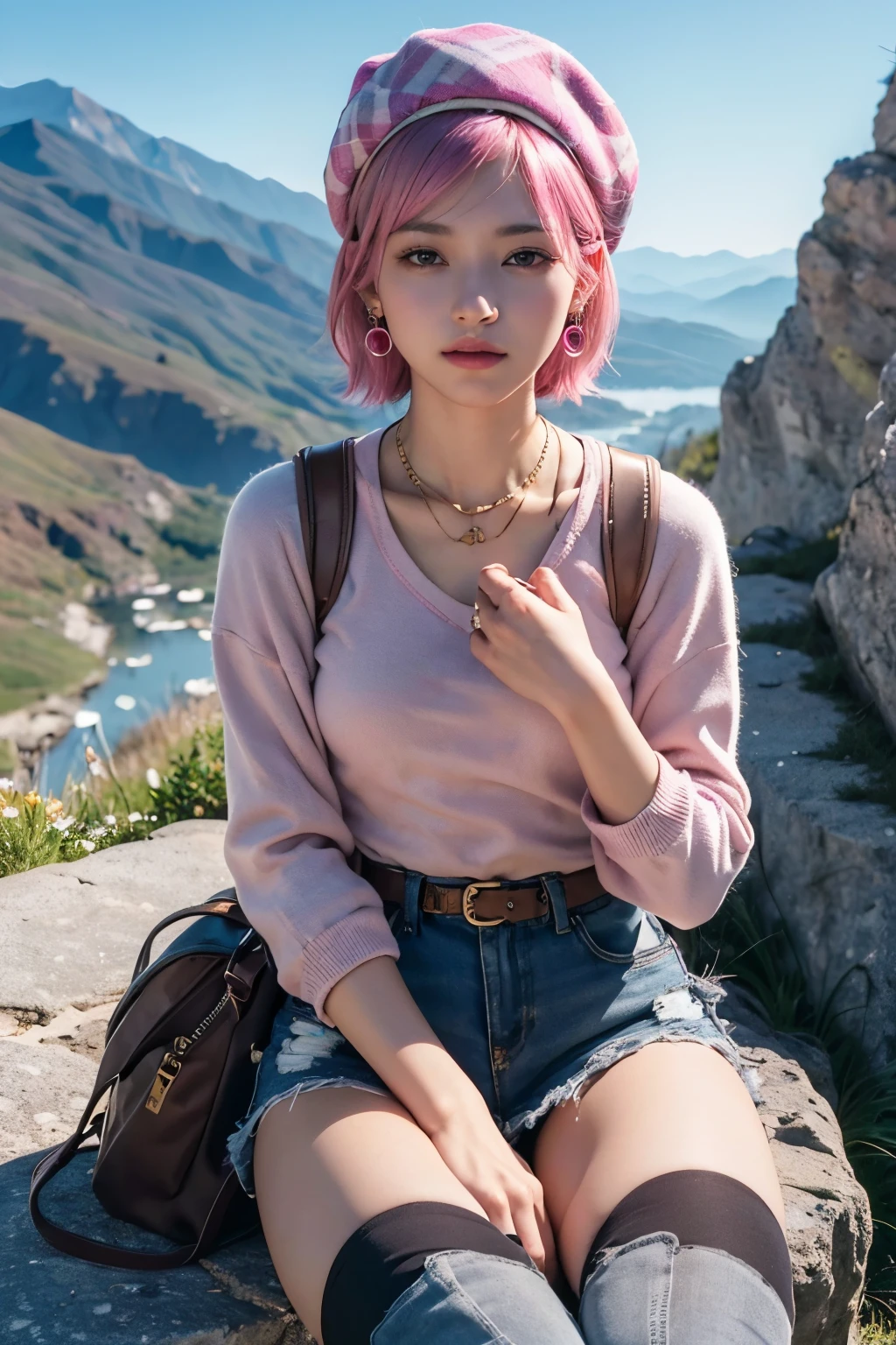(8K, top-quality, masterpiece:1,2), (reallistic, Photorealsitic:1.37), Super Detail, One girl,), (Highly detailed), (beautifully detailed eyes), (of the highest quality), (super detailed ), (masterpiece), (Detailed face),20yr old, ,1 girl, full body, pink hair,Very short hair, medium breasts, clothed, Perfect Lighting, a rocky mountain with sunlight shining through, small birds flying, a tight-fitting outfit with pink and checkered patterns:1.5, hiking boots, a backpack, gold earrings and necklace, a pink beret