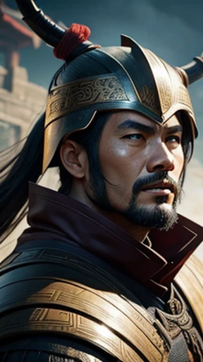 oriental、man in ancient chinese armor、Ancient Chinese man wearing a leather helmet、three kingdom、multiple warlords、highest quality、masterpiece、ultra high resolution、(realistic:1.4)、game poster、Clear and beautiful image quality、