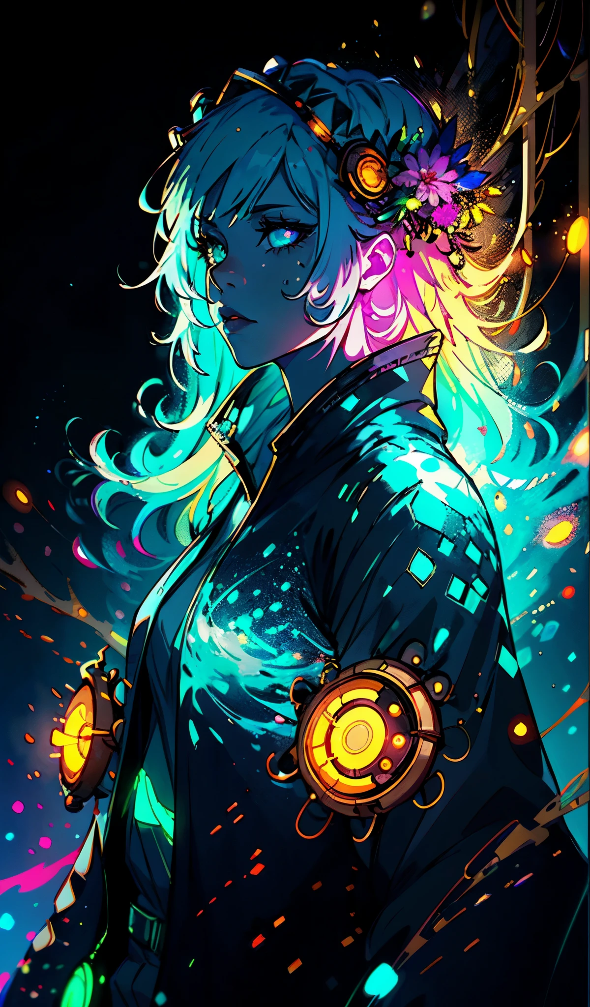 portrait | wide angle shot of eyes off to one side of frame, lucid dream-like woman, looking off in distance ::8 style | daydreampunk with glowing skin and eyes, styled in headdress, beautiful, she is dripping in neon lights, very colorful blue, green, purple, bioluminescent, glowing ::8 background | forest, vivid neon wonderland, particles, blue, green, purple ::7 parameters | rule of thirds, golden ratio, assymetric composition, hyper- maximalist, octane render, photorealism, cinematic realism, unreal engine, 8k