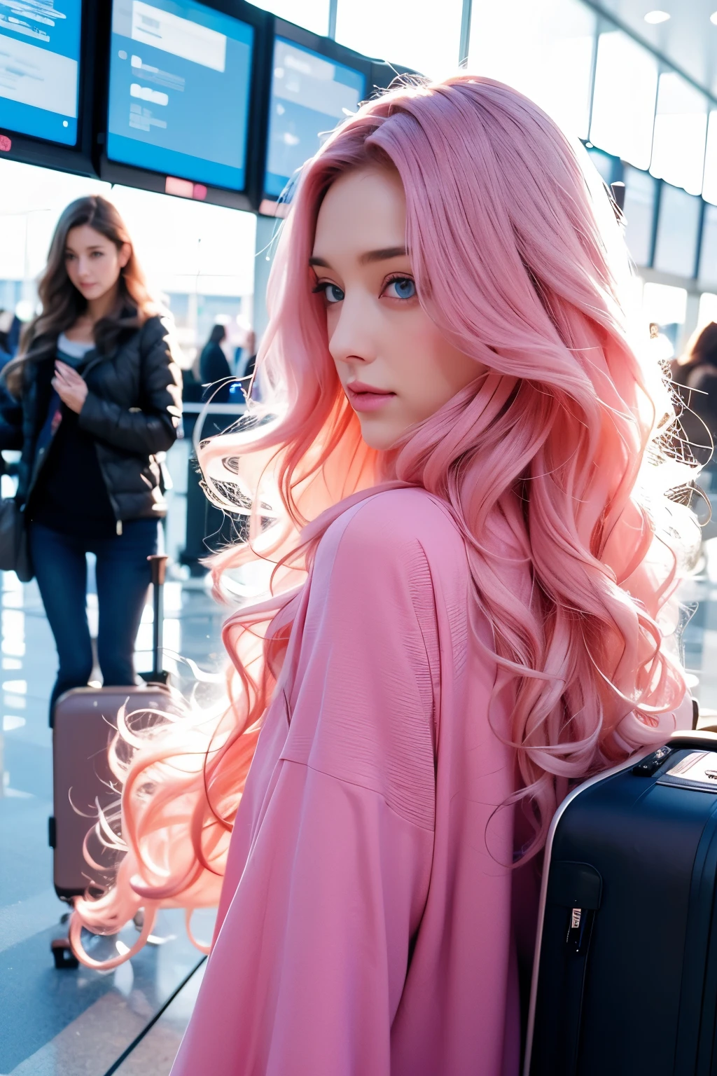Woman, long curly hair, pink hair, blue eyes, at the airport, holding a suitcase